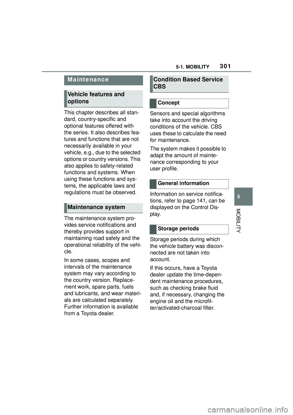 TOYOTA GR SUPRA 2022 Owners Manual 3015-1. MOBILITY
5
MOBILITY
This chapter describes all stan-
dard, country-specific and
optional features offered with
the series. It also describes fea-
tures and functions that are not
necessaril TOYOTA GR SUPRA 2022 Owners Manual 3015-1. MOBILITY
5
MOBILITY
This chapter describes all stan-
dard, country-specific and
optional features offered with
the series. It also describes fea-
tures and functions that are not
necessaril
