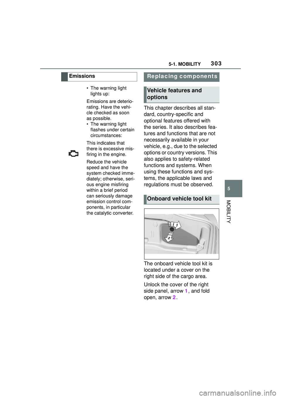 TOYOTA GR SUPRA 2022 Owners Manual 3035-1. MOBILITY
5
MOBILITY
This chapter describes all stan-
dard, country-specific and
optional features offered with
the series. It also describes fea-
tures and functions that are not
necessaril TOYOTA GR SUPRA 2022 Owners Manual 3035-1. MOBILITY
5
MOBILITY
This chapter describes all stan-
dard, country-specific and
optional features offered with
the series. It also describes fea-
tures and functions that are not
necessaril