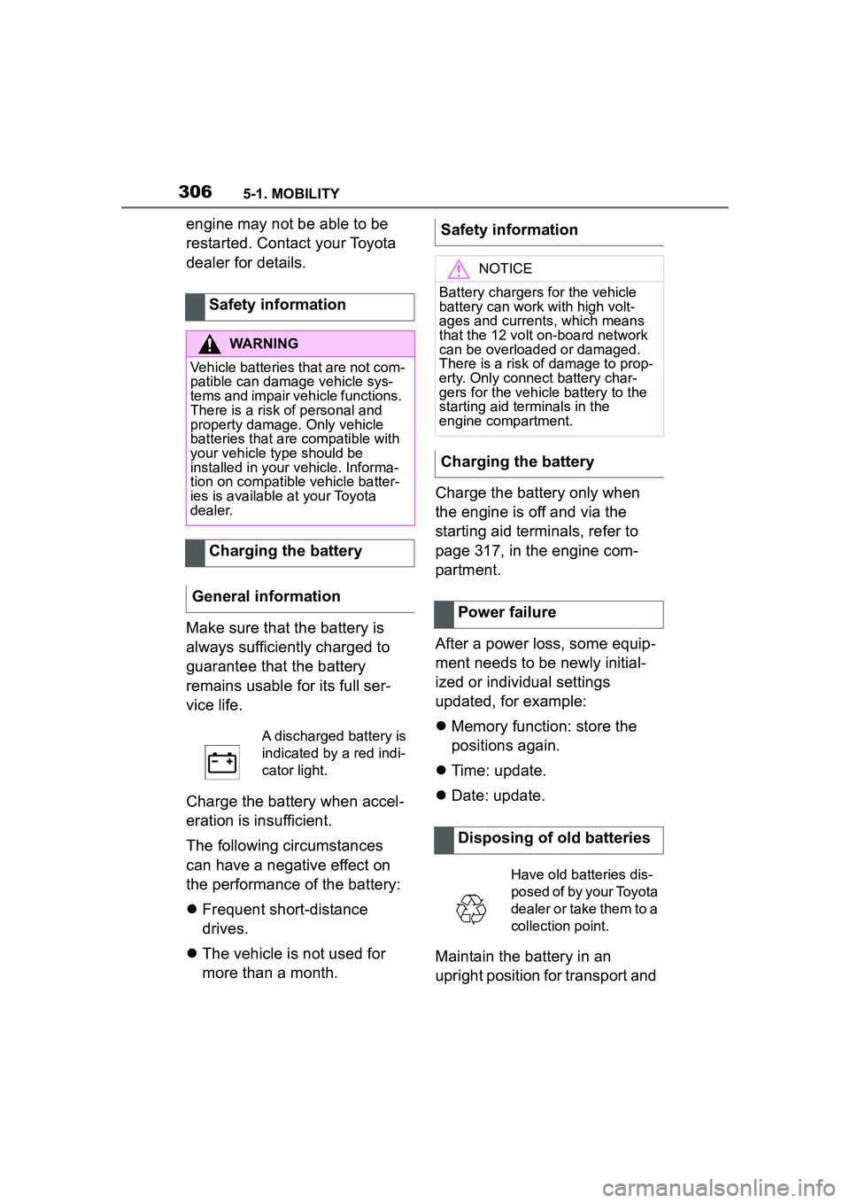 TOYOTA GR SUPRA 2022 Owners Manual 3065-1. MOBILITY
engine may not be able to be
restarted. Contact your Toyota
dealer for details.
Make sure that the battery is
always sufficiently charged to
guarantee that the battery
remains us TOYOTA GR SUPRA 2022 Owners Manual 3065-1. MOBILITY
engine may not be able to be
restarted. Contact your Toyota
dealer for details.
Make sure that the battery is
always sufficiently charged to
guarantee that the battery
remains us