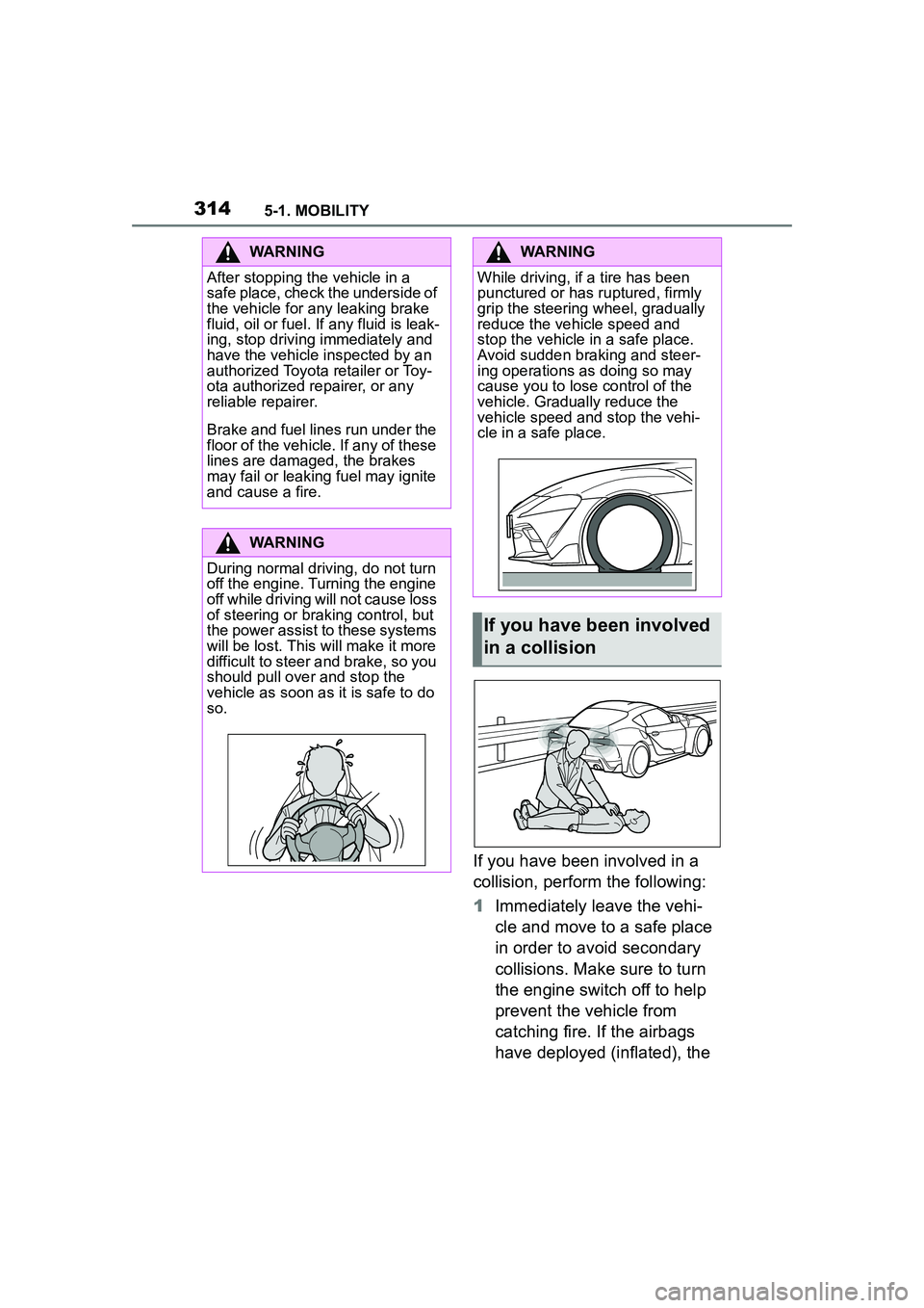 TOYOTA GR SUPRA 2022 Owners Manual 3145-1. MOBILITY
If you have been involved in a
collision, perform the following:
1Immediately leave the vehi-
cle and move to a safe place
in order to avoid secondary
collisions. Make sure to turn TOYOTA GR SUPRA 2022 Owners Manual 3145-1. MOBILITY
If you have been involved in a
collision, perform the following:
1Immediately leave the vehi-
cle and move to a safe place
in order to avoid secondary
collisions. Make sure to turn