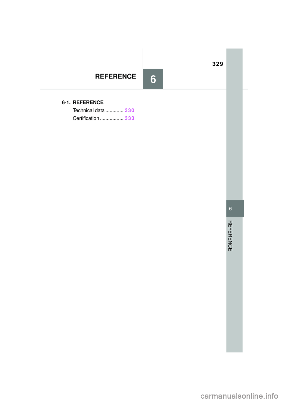 TOYOTA GR SUPRA 2022 Owners Manual 329
6
6
REFERENCE
REFERENCE
.6-1. REFERENCETechnical data ............. 330
Certification ................. 333 TOYOTA GR SUPRA 2022 Owners Manual 329
6
6
REFERENCE
REFERENCE
.6-1. REFERENCETechnical data ............. 330
Certification ................. 333