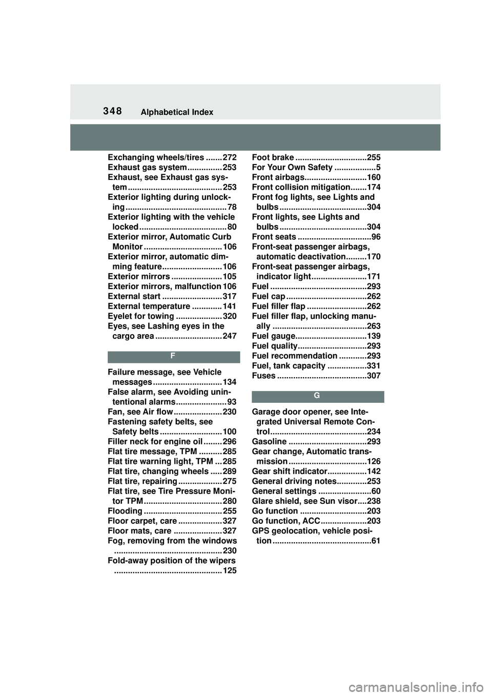 TOYOTA GR SUPRA 2022 Owners Manual 348Alphabetical Index
Exchanging wheels/tires ....... 272
Exhaust gas system ............... 253
Exhaust, see Exhaust gas sys-tem ......................................... 253
Exterior lighting during TOYOTA GR SUPRA 2022 Owners Manual 348Alphabetical Index
Exchanging wheels/tires ....... 272
Exhaust gas system ............... 253
Exhaust, see Exhaust gas sys-tem ......................................... 253
Exterior lighting during
