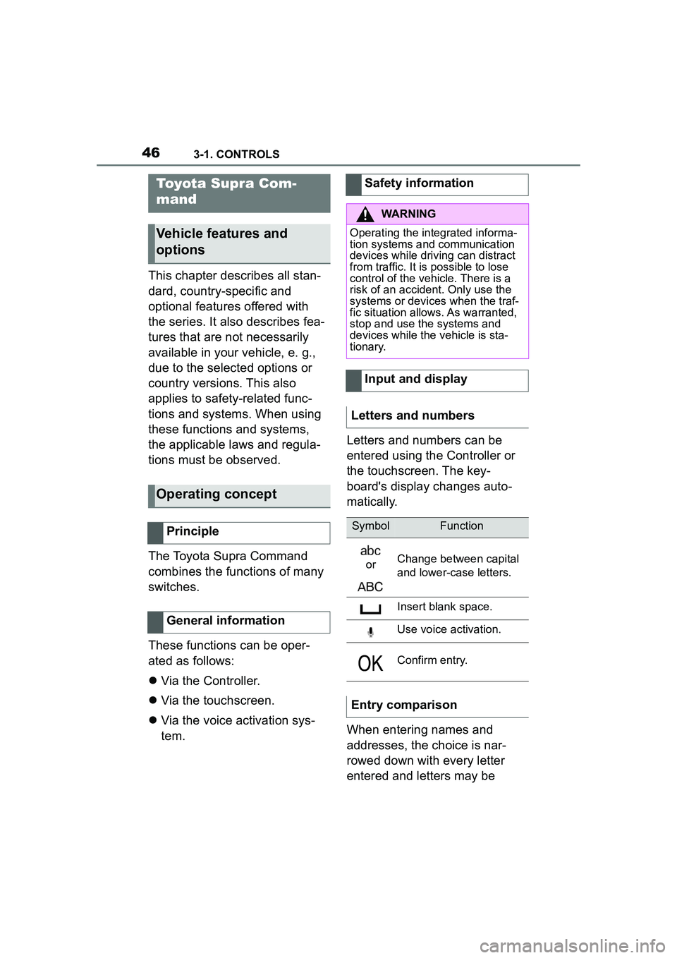 TOYOTA GR SUPRA 2022 Service Manual 463-1. CONTROLS
This chapter describes all stan-
dard, country-specific and 
optional features offered with 
the series. It also describes fea-
tures that are not necessarily 
available in your vehicl