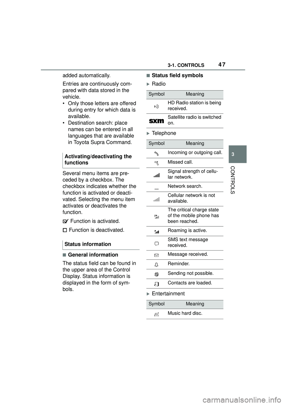 TOYOTA GR SUPRA 2022 Service Manual 473-1. CONTROLS
3
CONTROLS
added automatically.
Entries are continuously com-
pared with data stored in the 
vehicle.
• Only those letters are offered during entry for which data is 
available.
• 