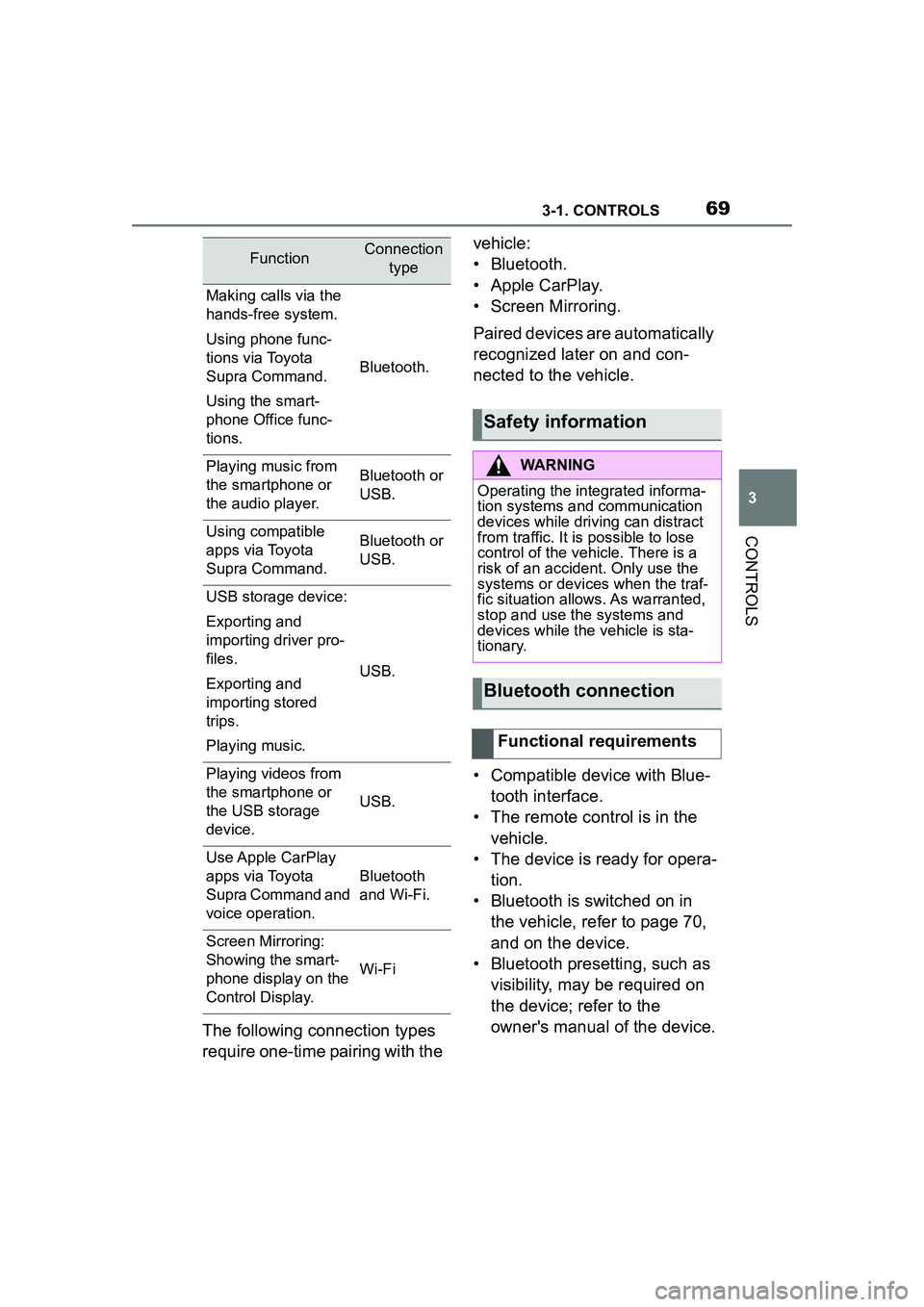 TOYOTA GR SUPRA 2022 Repair Manual 693-1. CONTROLS
3
CONTROLS
The following connection types
require one-time pairing with the vehicle:
• Bluetooth.
• Apple CarPlay.
• Screen Mirroring.
Paired devices are automatically
recogniz TOYOTA GR SUPRA 2022 Repair Manual 693-1. CONTROLS
3
CONTROLS
The following connection types
require one-time pairing with the vehicle:
• Bluetooth.
• Apple CarPlay.
• Screen Mirroring.
Paired devices are automatically
recogniz