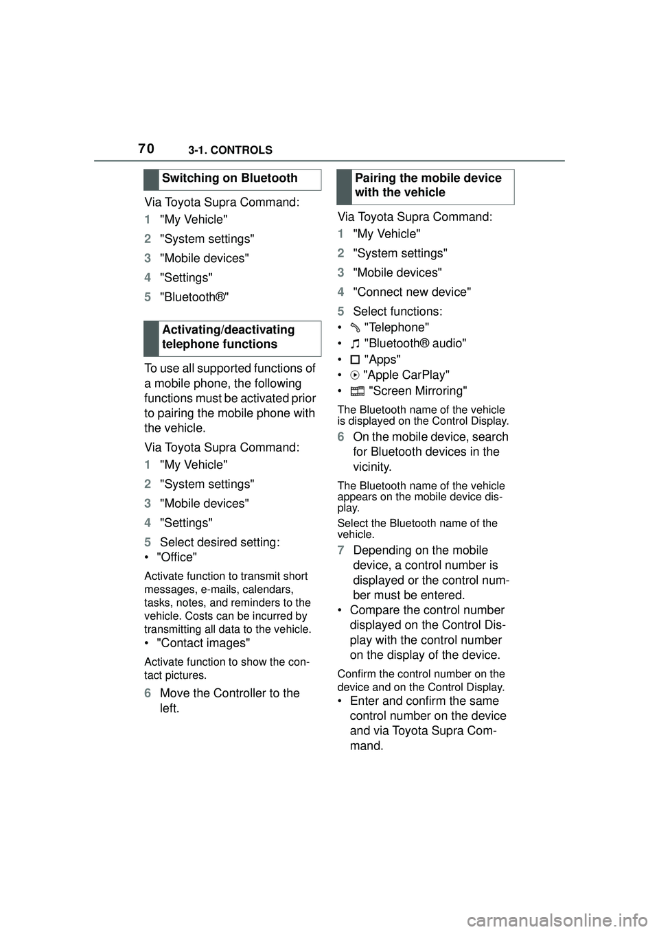 TOYOTA GR SUPRA 2022 Repair Manual 703-1. CONTROLS
Via Toyota Supra Command:
1"My Vehicle"
2 "System settings"
3 "Mobile devices"
4 "Settings"
5 "Bluetooth®"
To use all supported functions of
a mobile phone, the following
functions TOYOTA GR SUPRA 2022 Repair Manual 703-1. CONTROLS
Via Toyota Supra Command:
1"My Vehicle"
2 "System settings"
3 "Mobile devices"
4 "Settings"
5 "Bluetooth®"
To use all supported functions of
a mobile phone, the following
functions