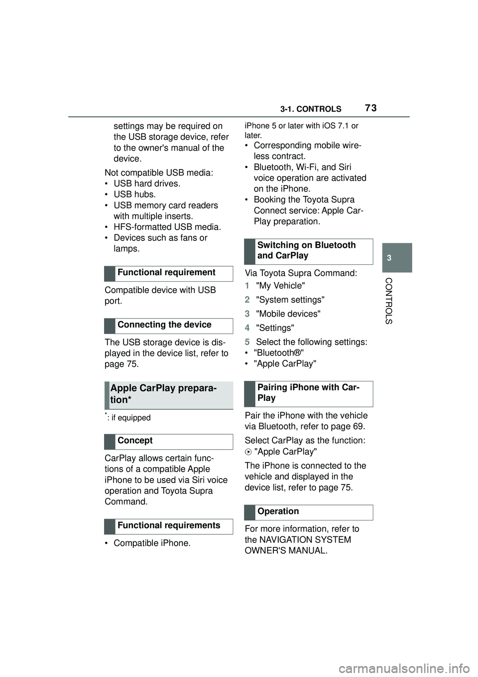 TOYOTA GR SUPRA 2022 Manual PDF 733-1. CONTROLS
3
CONTROLS
settings may be required on
the USB storage device, refer
to the owners manual of the
device.
Not compatible USB media:
• USB hard drives.
• USB hubs.
• USB memory TOYOTA GR SUPRA 2022 Manual PDF 733-1. CONTROLS
3
CONTROLS
settings may be required on
the USB storage device, refer
to the owners manual of the
device.
Not compatible USB media:
• USB hard drives.
• USB hubs.
• USB memory