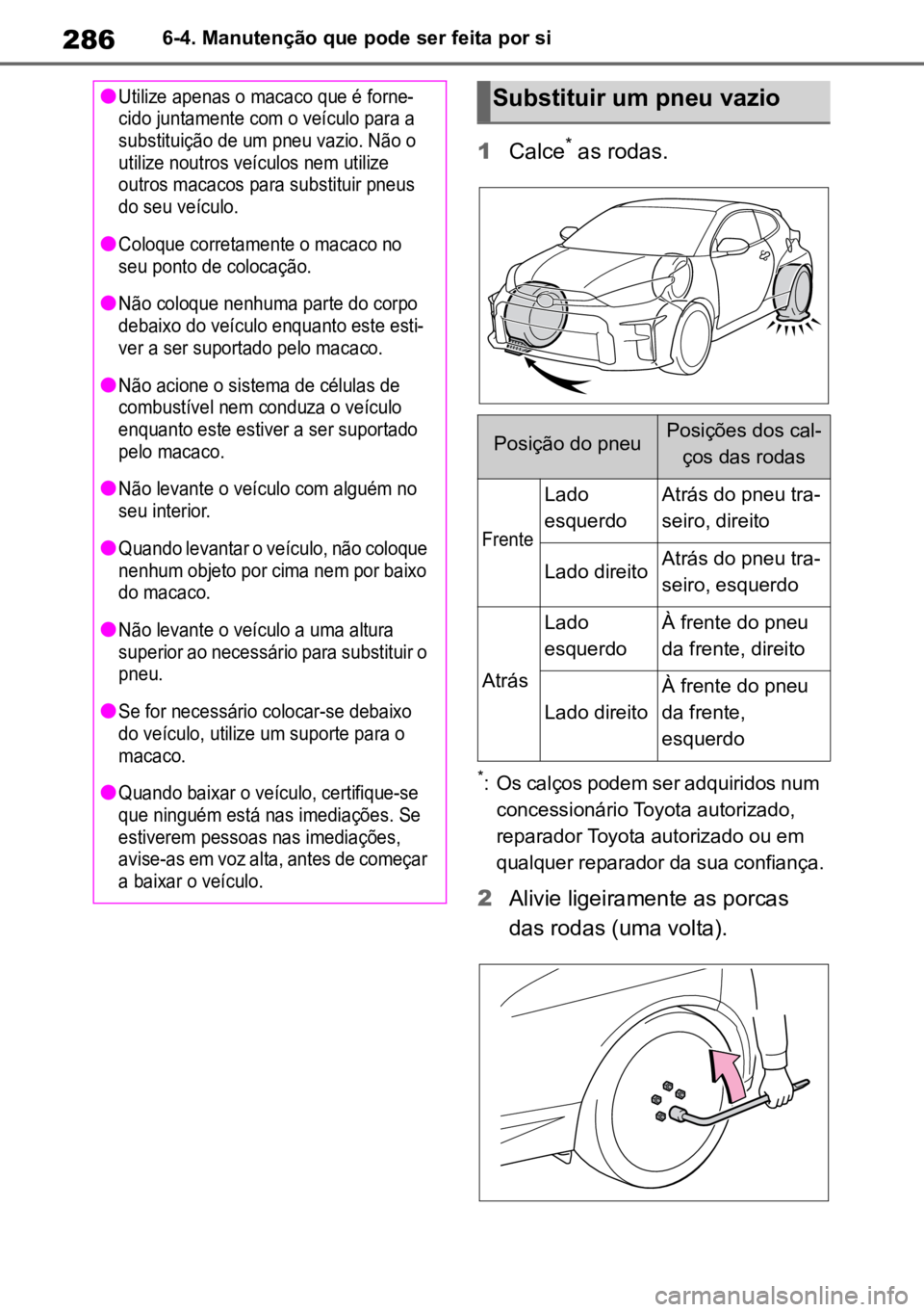 TOYOTA GR YARIS 2023  Manual de utilização (in Portuguese) 2866-4. Manutenção que pode ser feita por si
1Calce* as rodas.
*:Os calços podem ser adquiridos num 
concessionário Toyota autorizado, 
reparador Toyota autorizado ou em 
qualquer reparador da sua