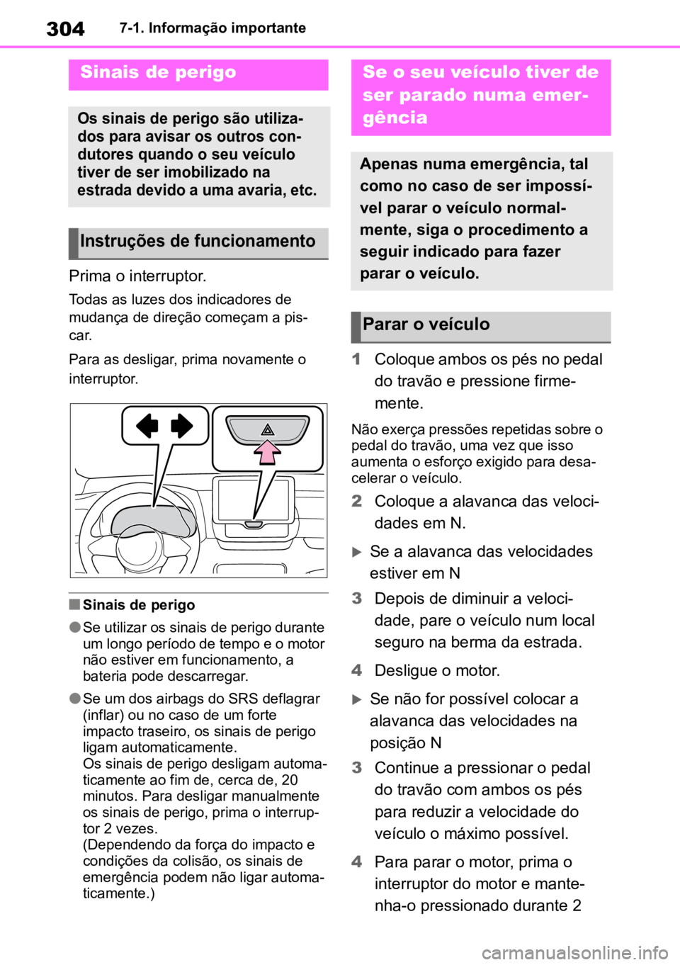 TOYOTA GR YARIS 2023  Manual de utilização (in Portuguese) 3047-1. Informação importante
7-1.Informação importante
Prima o interruptor.
Todas as luzes dos indicadores de 
mudança de direção começam a pis -
car.
Para as desligar, prima novamente o 
in 