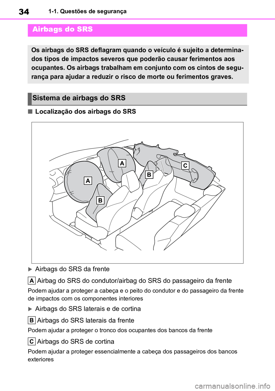 TOYOTA GR YARIS 2023 Manual de utilização (in Portuguese) 341-1. Questões de segurança
nLocalização dos airbags do SRS
Airbags do SRS da frenteAirbag do SRS do condutor/airbag do SRS do passageiro da frente
Podem ajudar a proteger a cabeça e o peito TOYOTA GR YARIS 2023 Manual de utilização (in Portuguese) 341-1. Questões de segurança
nLocalização dos airbags do SRS
Airbags do SRS da frenteAirbag do SRS do condutor/airbag do SRS do passageiro da frente
Podem ajudar a proteger a cabeça e o peito