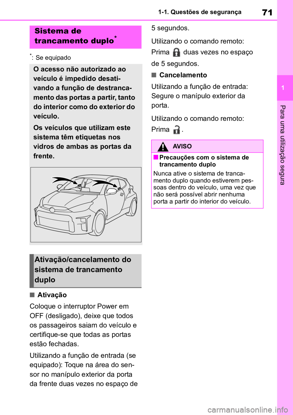 TOYOTA GR YARIS 2023 Manual de utilização (in Portuguese) 71
1
1-1. Questões de segurança
Para uma utilização segura
*:
Se equipado
nAtivação
Coloque o interruptor Power em
OFF
(desligado), deixe que todos
os passageiros saiam do veículo e
certif TOYOTA GR YARIS 2023 Manual de utilização (in Portuguese) 71
1
1-1. Questões de segurança
Para uma utilização segura
*:
Se equipado
nAtivação
Coloque o interruptor Power em
OFF
(desligado), deixe que todos
os passageiros saiam do veículo e
certif