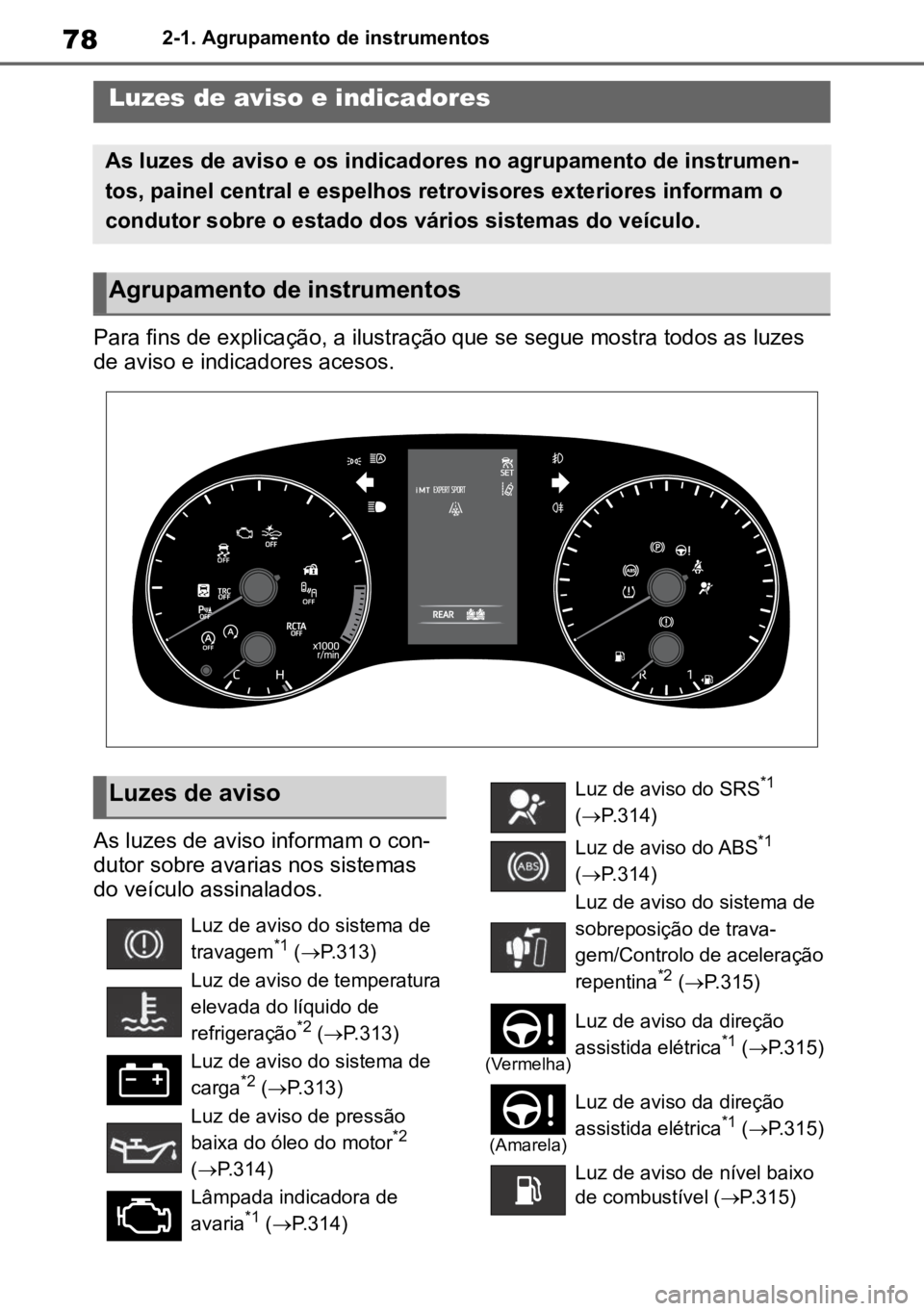 TOYOTA GR YARIS 2023 Manual de utilização (in Portuguese) 782-1. Agrupamento de instrumentos
2-1.Agrupamento de instrumentos
Para fins de explicação, a ilustração que se segue mostra todos as luzes
de aviso e indicadores acesos.
As luzes de aviso inform TOYOTA GR YARIS 2023 Manual de utilização (in Portuguese) 782-1. Agrupamento de instrumentos
2-1.Agrupamento de instrumentos
Para fins de explicação, a ilustração que se segue mostra todos as luzes
de aviso e indicadores acesos.
As luzes de aviso inform