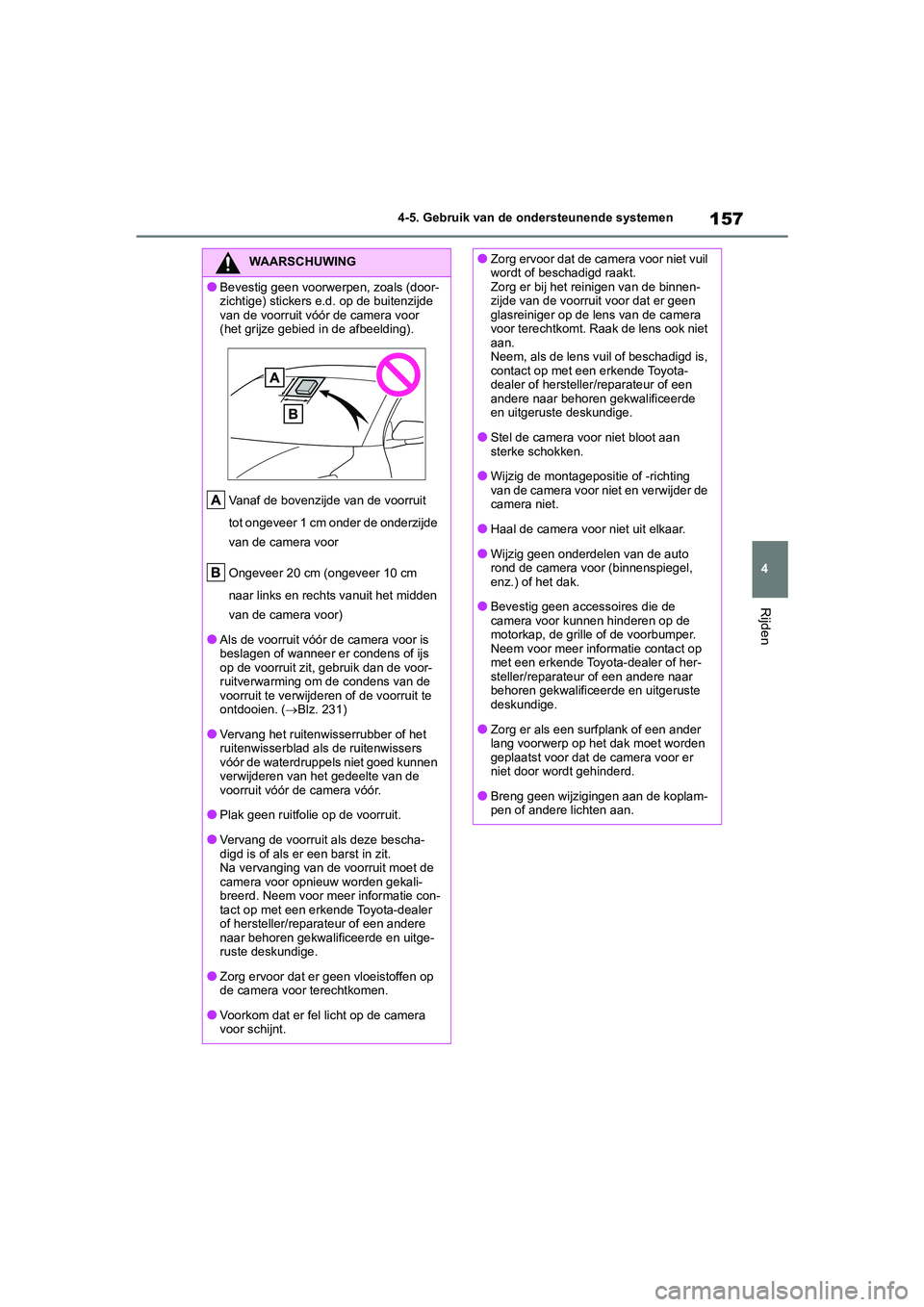 TOYOTA GR YARIS 2021 Instructieboekje (in Dutch) 157
4
YARIS(GR) handleiding_Europa_M52L09_nl
4-5. Gebruik van de ondersteunende systemen
Rijden
WAARSCHUWING
●Bevestig geen voorwerpen, zoals (door-
zichtige) stickers e.d. op de buitenzijde
van de TOYOTA GR YARIS 2021 Instructieboekje (in Dutch) 157
4
YARIS(GR) handleiding_Europa_M52L09_nl
4-5. Gebruik van de ondersteunende systemen
Rijden
WAARSCHUWING
●Bevestig geen voorwerpen, zoals (door-
zichtige) stickers e.d. op de buitenzijde
van de