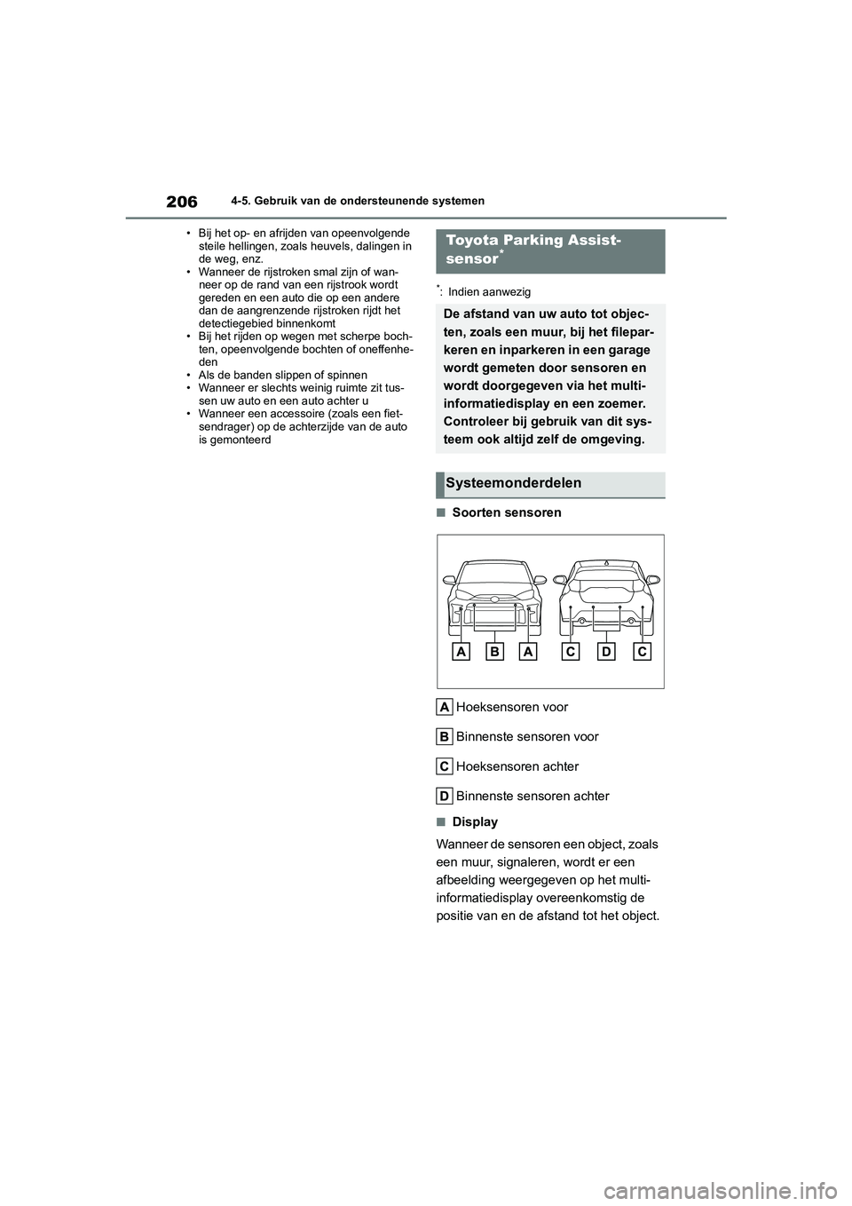 TOYOTA GR YARIS 2021 Instructieboekje (in Dutch) 206
YARIS(GR) handleiding_Europa_M52L09_nl
4-5. Gebruik van de ondersteunende systemen
• Bij het op- en afrijden van opeenvolgende steile hellingen, zoals heuvels, dalingen in
de weg, enz.
• Wan TOYOTA GR YARIS 2021 Instructieboekje (in Dutch) 206
YARIS(GR) handleiding_Europa_M52L09_nl
4-5. Gebruik van de ondersteunende systemen
• Bij het op- en afrijden van opeenvolgende steile hellingen, zoals heuvels, dalingen in
de weg, enz.
• Wan
