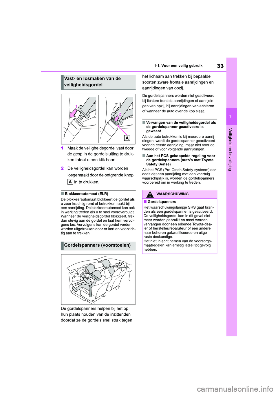 TOYOTA GR YARIS 2021  Instructieboekje (in Dutch) 33
1
YARIS(GR) handleiding_Europa_M52L09_nl
1-1. Voor een veilig gebruik
Veiligheid en beveiliging
1Maak de veiligheidsgordel vast door 
de gesp in de gordelsluiting te druk-
ken totdat u een klik hoo