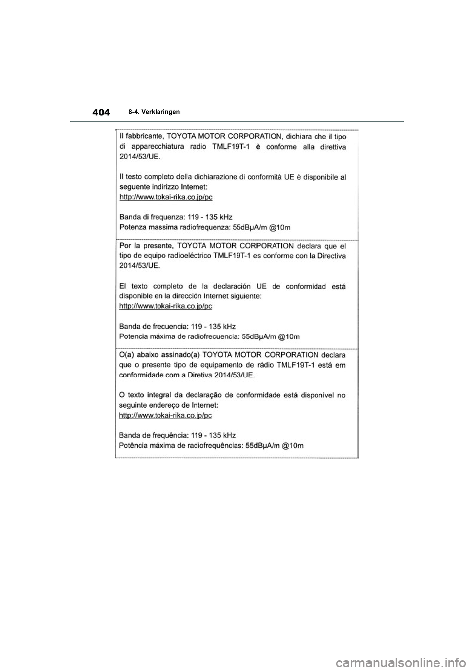 TOYOTA GR YARIS 2021  Instructieboekje (in Dutch) 404
YARIS(GR) handleiding_Europa_M52L09_nl
8-4. Verklaringen
GR_Yaris_OM_Europe_OM52L09E.book  Page 404  Thursday, August 27, 2020  1:58 PM 