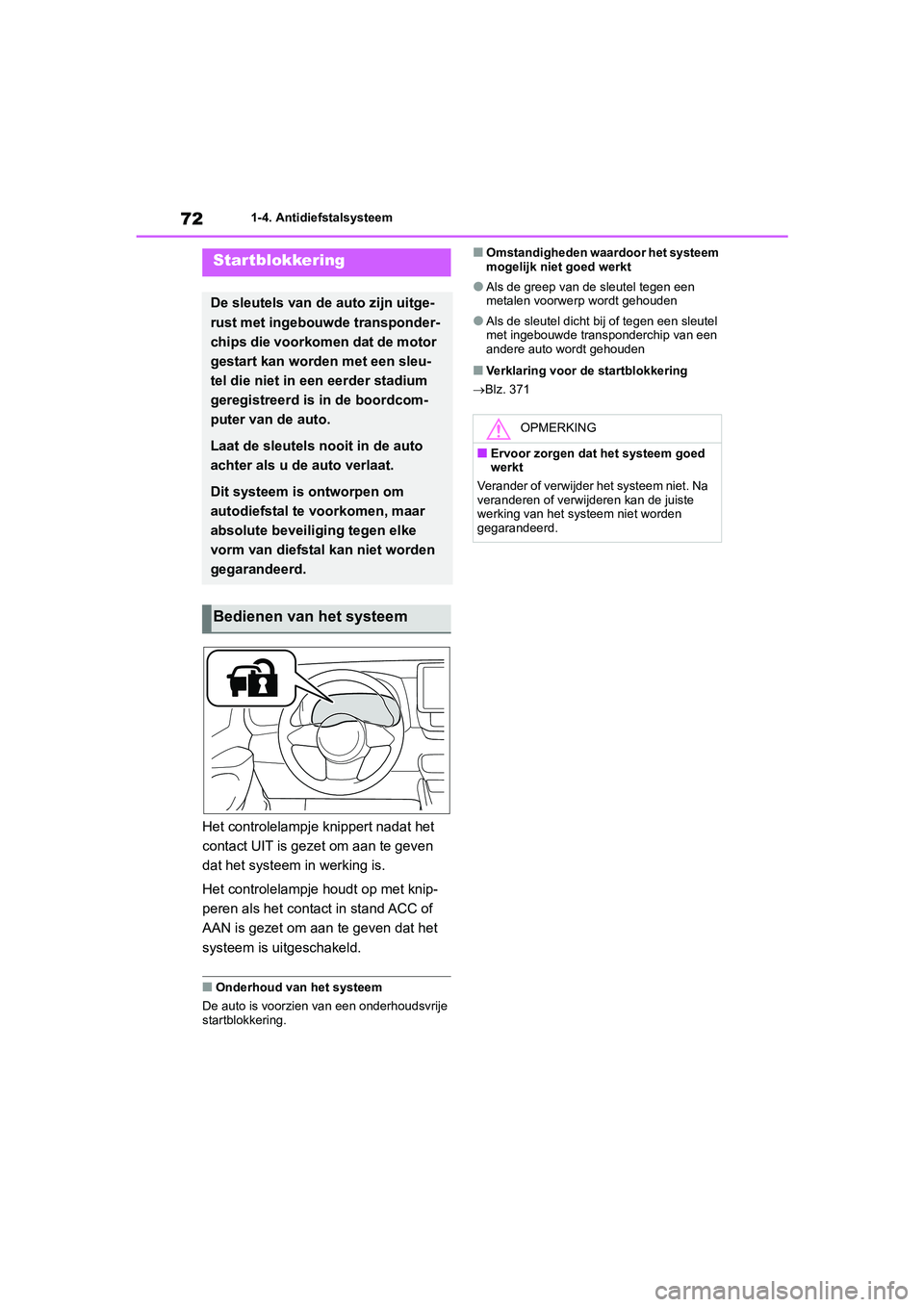 TOYOTA GR YARIS 2021  Instructieboekje (in Dutch) 72
YARIS(GR) handleiding_Europa_M52L09_nl
1-4. Antidiefstalsysteem
1-4.Antidiefstalsysteem
Het controlelampje knippert nadat het 
contact UIT is gezet om aan te geven 
dat het systeem in werking is.
H
