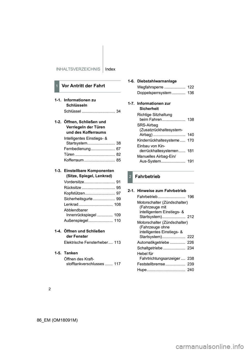 TOYOTA GT86 2018 Betriebsanleitungen (in German) INHALTSVERZEICHNISIndex
86_EM (OM18091M)
2
1-1. Informationen zu
Schlüsseln
Schlüssel .............................. 34
1-2. Öffnen, Schließen und
Verriegeln der Türen
und des Kofferraum TOYOTA GT86 2018 Betriebsanleitungen (in German) INHALTSVERZEICHNISIndex
86_EM (OM18091M)
2
1-1. Informationen zu
Schlüsseln
Schlüssel .............................. 34
1-2. Öffnen, Schließen und
Verriegeln der Türen
und des Kofferraum