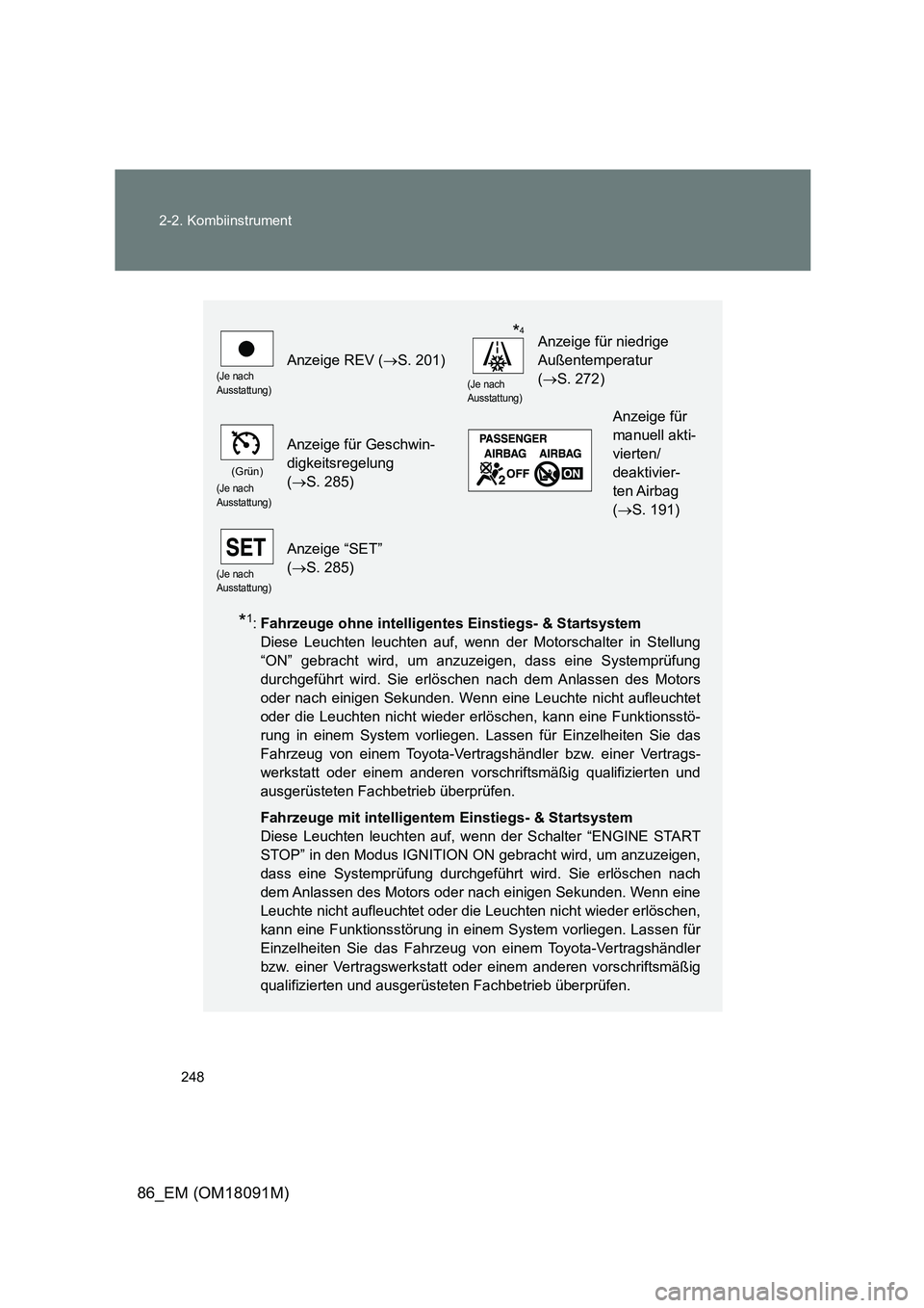 TOYOTA GT86 2018  Betriebsanleitungen (in German) 248 
2-2. Kombiinstrument
86_EM (OM18091M)
*1: Fahrzeuge ohne intelligentes Einstiegs- & Startsystem  
Diese Leuchten leuchten auf, wenn der Motorschalter in Stellung
“ON” gebracht wird, um anzuze