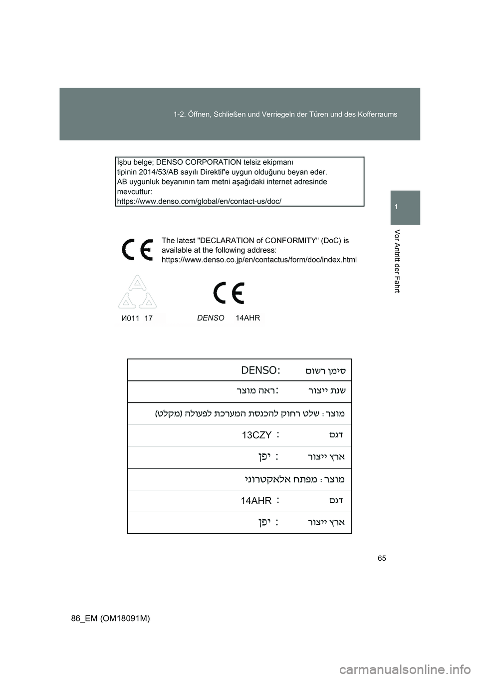 TOYOTA GT86 2018  Betriebsanleitungen (in German) 65 
1-2. Öffnen, Schließen und Verriegeln der Türen und des Kofferraums
1
Vor Antritt der Fahrt
86_EM (OM18091M) 