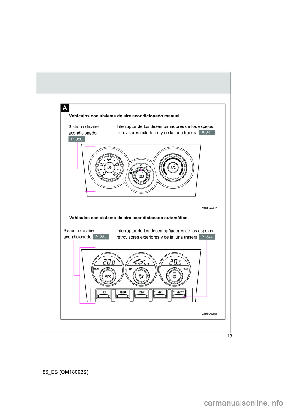 TOYOTA GT86 2018  Manual del propietario (in Spanish) 86_ES (OM18092S)
13
A
Vehículos con sistema de aire acondicionado manual
Sistema de aire  
acondicionado 
P. 326
Interruptor de los desempañadores de los espejos  
retrovisores exteriores y de la lu