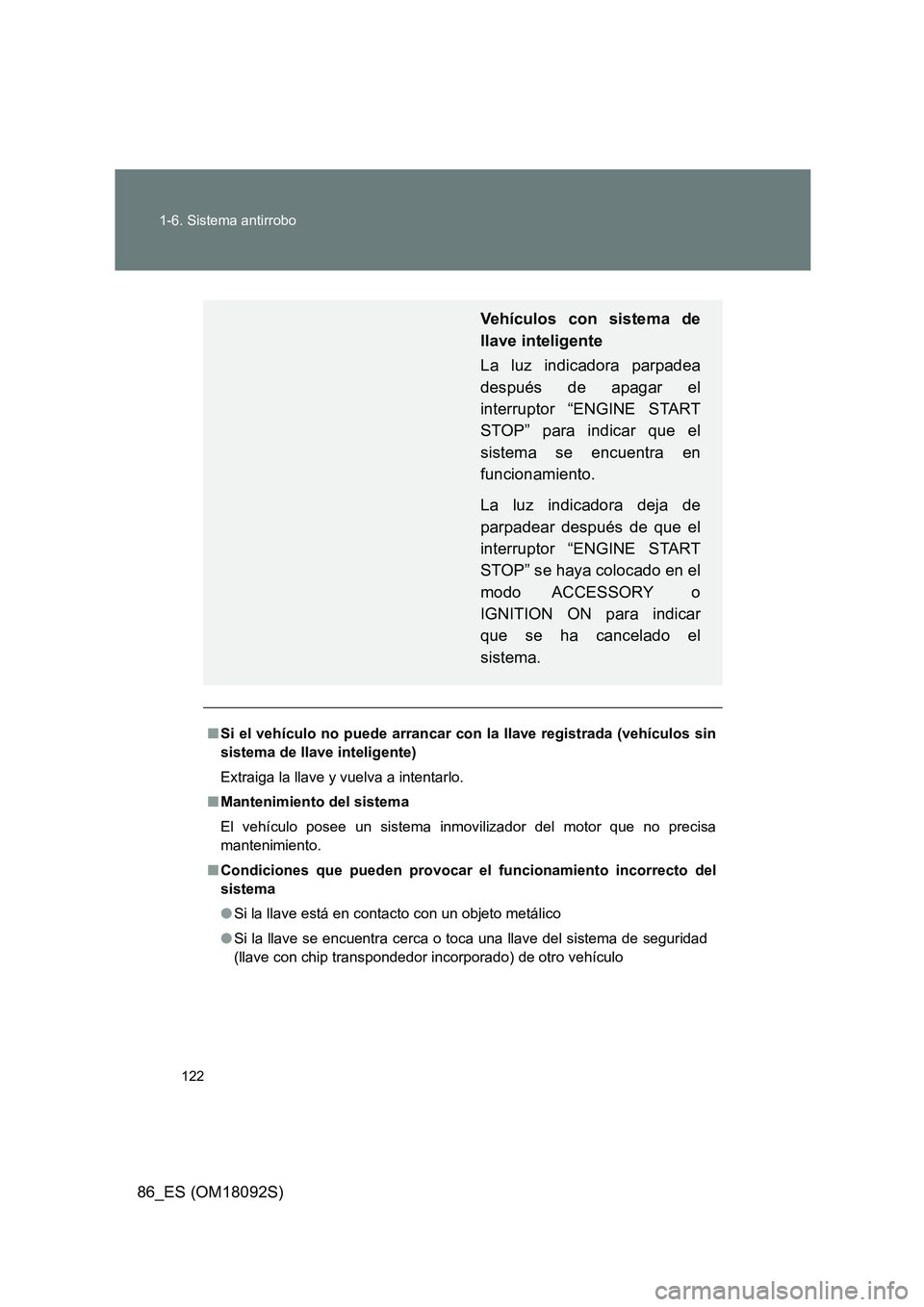 TOYOTA GT86 2018 Manual del propietario (in Spanish) 122
1-6. Sistema antirrobo
86_ES (OM18092S)
■ Si el vehículo no puede arrancar con la llave registrada (vehículos sin
sistema de llave inteligente)
Extraiga la llave y vuelva a intentarlo.
■ TOYOTA GT86 2018 Manual del propietario (in Spanish) 122
1-6. Sistema antirrobo
86_ES (OM18092S)
■ Si el vehículo no puede arrancar con la llave registrada (vehículos sin
sistema de llave inteligente)
Extraiga la llave y vuelva a intentarlo.
■