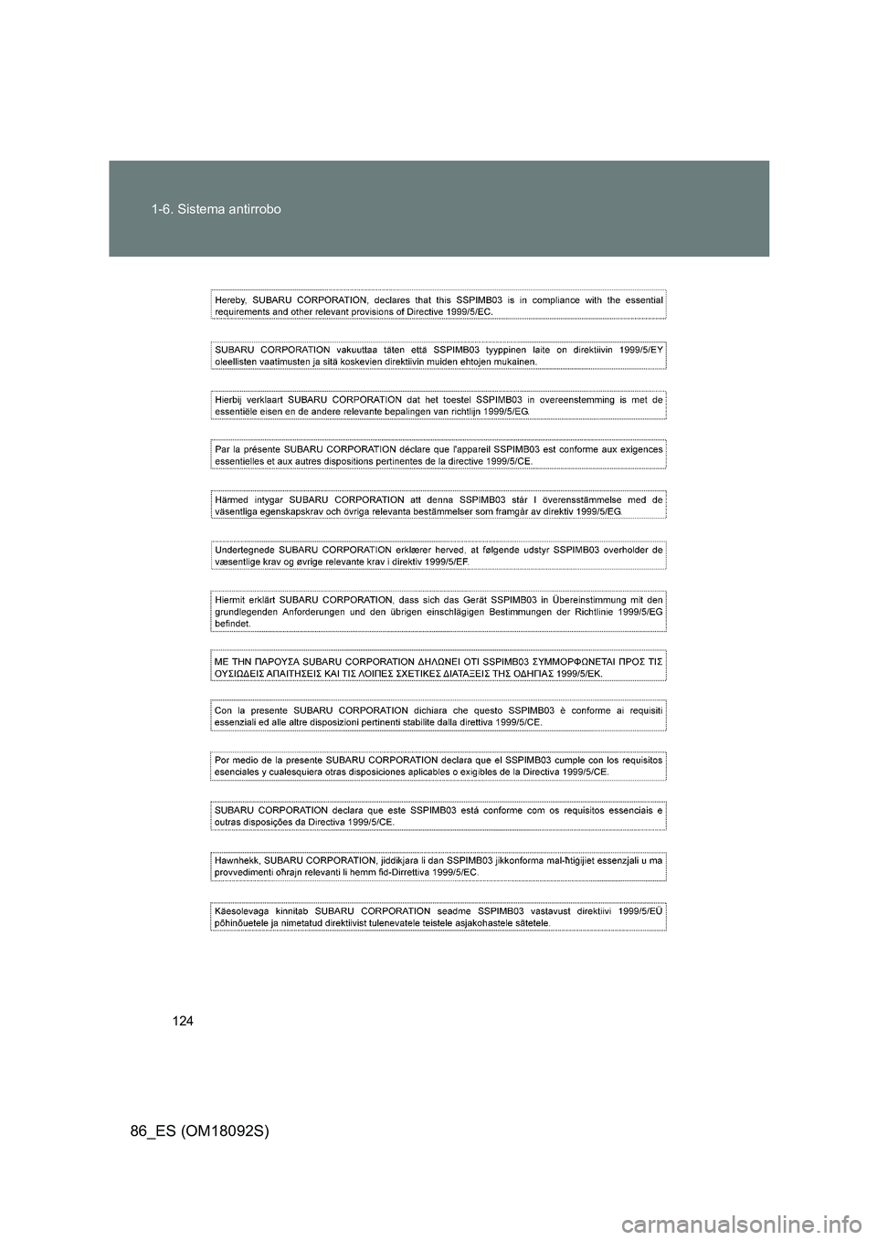 TOYOTA GT86 2018 Manual del propietario (in Spanish) 124
1-6. Sistema antirrobo
86_ES (OM18092S) TOYOTA GT86 2018 Manual del propietario (in Spanish) 124
1-6. Sistema antirrobo
86_ES (OM18092S)