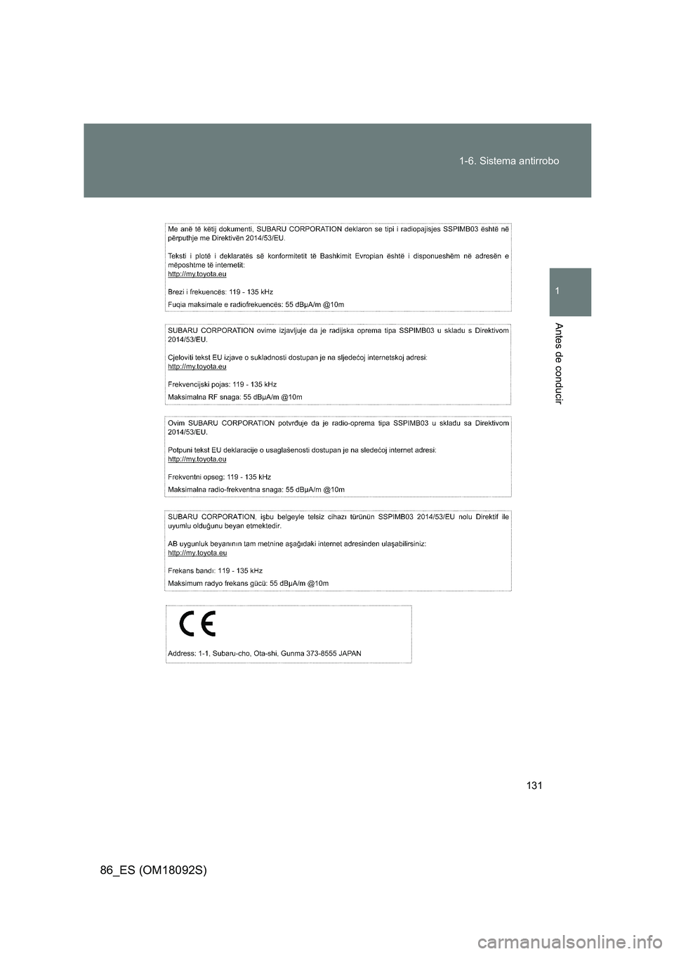 TOYOTA GT86 2018  Manual del propietario (in Spanish) 131 
1-6. Sistema antirrobo
1
Antes de conducir
86_ES (OM18092S) 