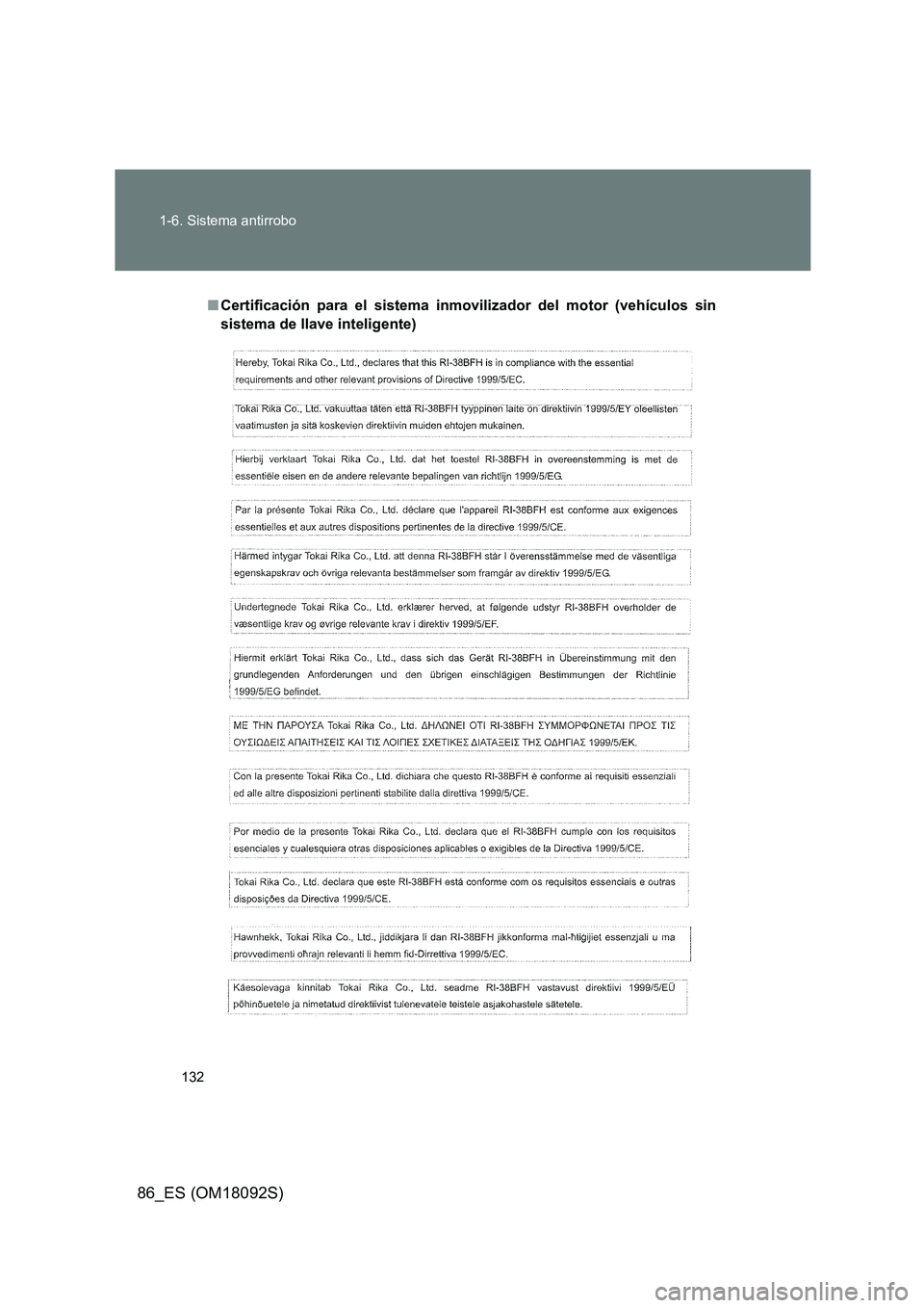 TOYOTA GT86 2018  Manual del propietario (in Spanish) 132 
1-6. Sistema antirrobo
86_ES (OM18092S)
■ Certificación para el sistema inmovilizador del motor (vehículos sin 
sistema de llave inteligente) 