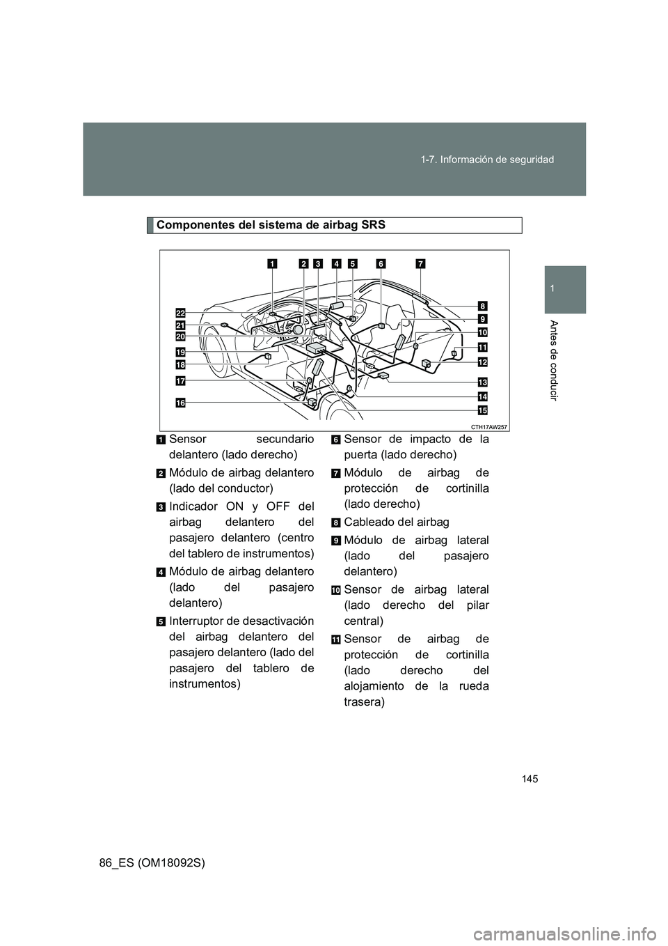 TOYOTA GT86 2018  Manual del propietario (in Spanish) 145 
1-7. Información de seguridad
1
Antes de conducir
86_ES (OM18092S)
Componentes del sistema de airbag SRS 
Sensor secundario 
delantero (lado derecho) 
Módulo de airbag delantero 
(lado del cond