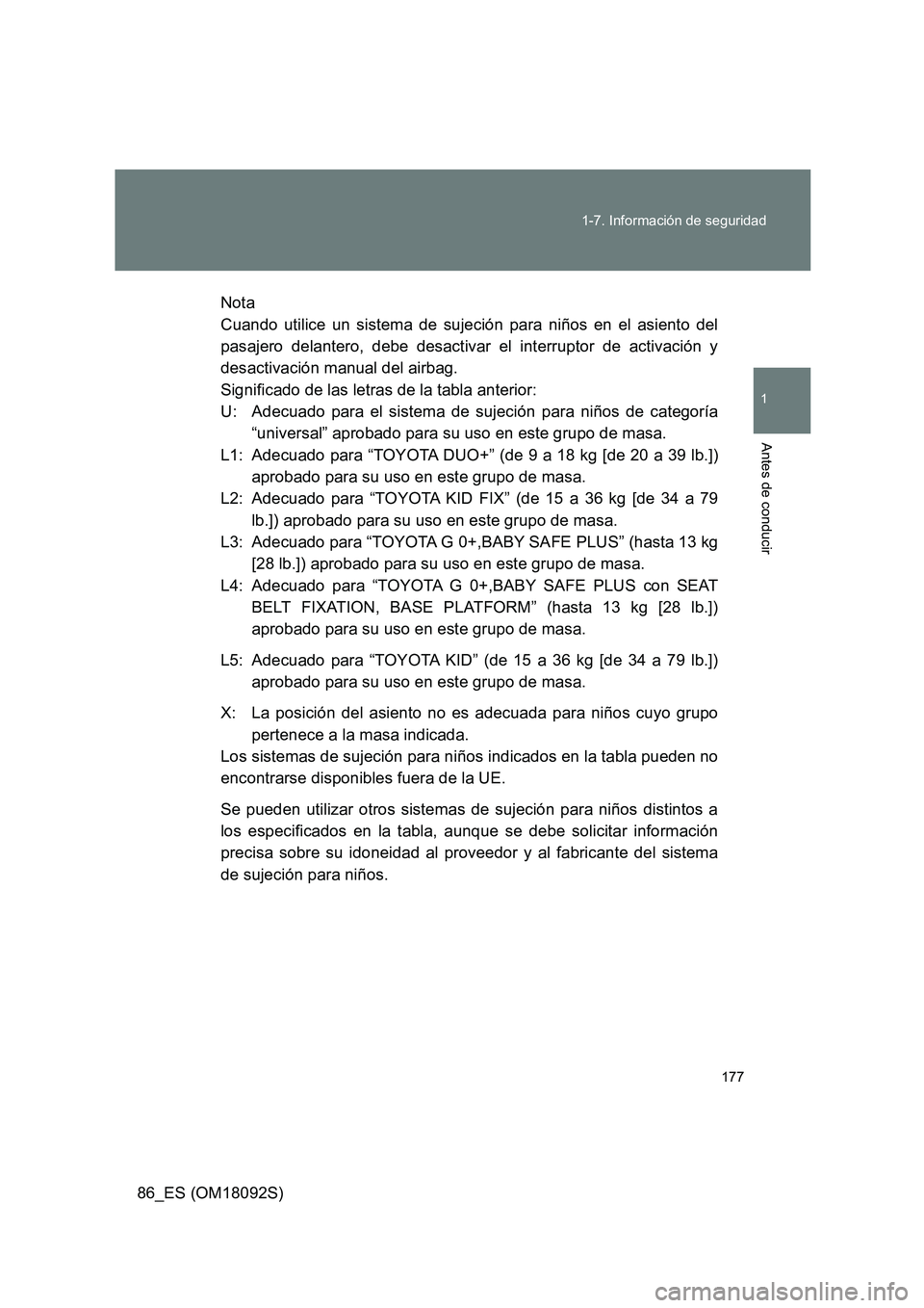 TOYOTA GT86 2018  Manual del propietario (in Spanish) 177 
1-7. Información de seguridad
1
Antes de conducir
86_ES (OM18092S) 
Nota 
Cuando utilice un sistema de sujeción para niños en el asiento del
pasajero delantero, debe desactivar el interruptor 