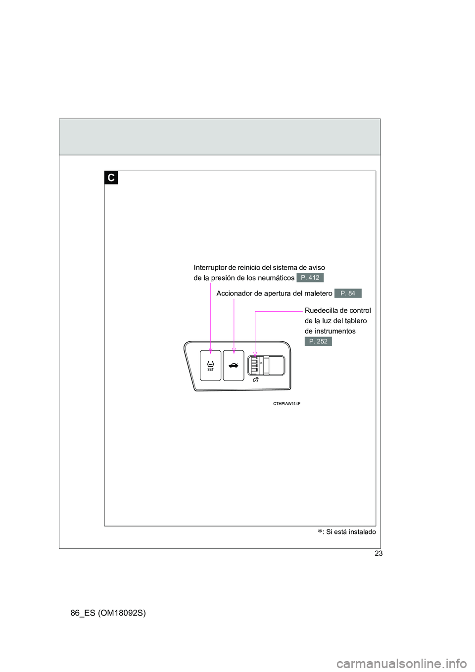 TOYOTA GT86 2018 Manual del propietario (in Spanish) 86_ES (OM18092S)
23
C
Ruedecilla de control
de la luz del tablero
de instrumentos
P. 252
Accionador de apertura del maletero P. 84
: Si está instalado
Interruptor de reinicio del sistema de a TOYOTA GT86 2018 Manual del propietario (in Spanish) 86_ES (OM18092S)
23
C
Ruedecilla de control
de la luz del tablero
de instrumentos
P. 252
Accionador de apertura del maletero P. 84
: Si está instalado
Interruptor de reinicio del sistema de a