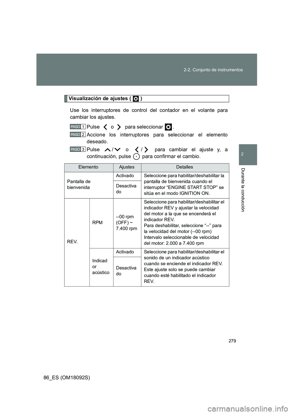 TOYOTA GT86 2018 Manual del propietario (in Spanish) 279
2-2. Conjunto de instrumentos
2
Durante la conducción
86_ES (OM18092S)
Visualización de ajustes ( )
Use los interruptores de control del contador en el volante para
cambiar los ajustes.
Pu TOYOTA GT86 2018 Manual del propietario (in Spanish) 279
2-2. Conjunto de instrumentos
2
Durante la conducción
86_ES (OM18092S)
Visualización de ajustes ( )
Use los interruptores de control del contador en el volante para
cambiar los ajustes.
Pu