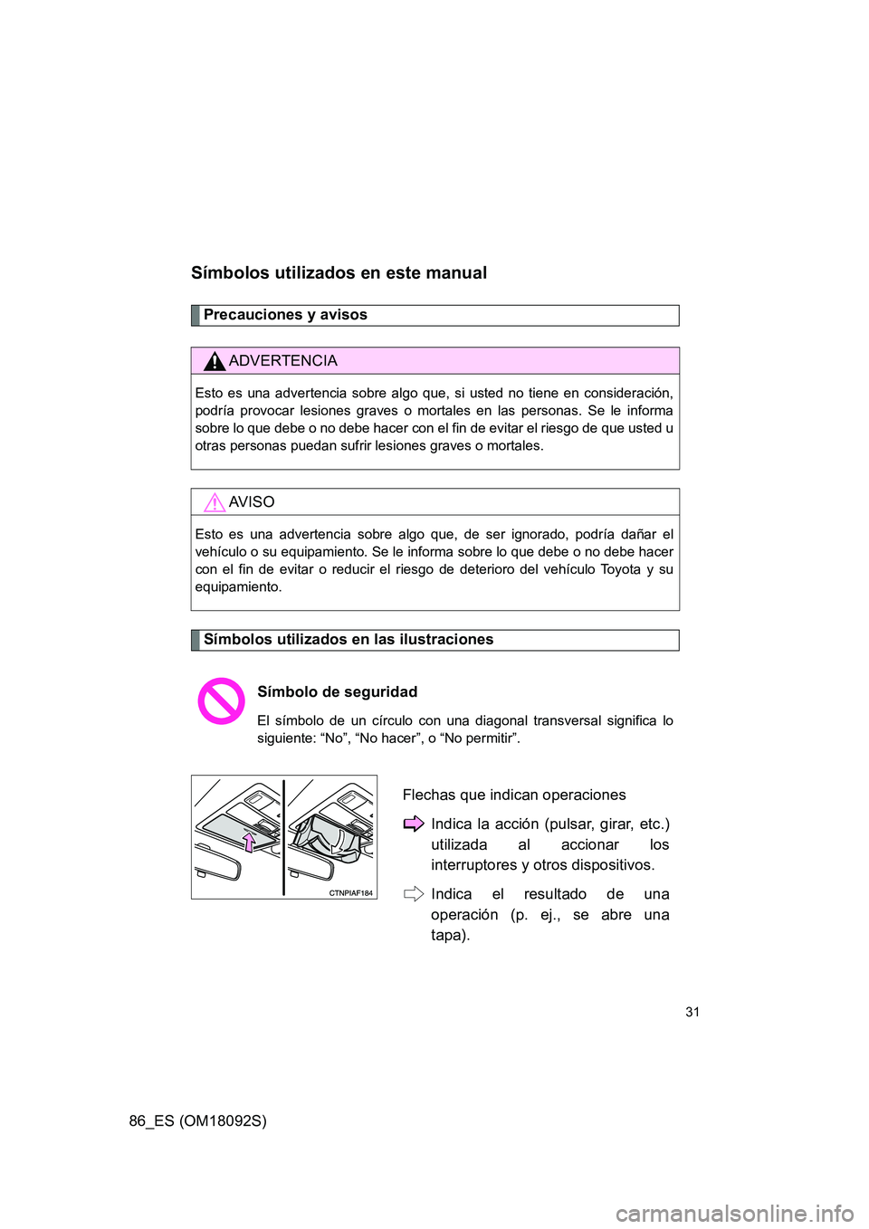 TOYOTA GT86 2018 Manual del propietario (in Spanish) 86_ES (OM18092S)
31
Símbolos utilizados en este manual
Precauciones y avisos
Símbolos utilizados en las ilustraciones
ADVERTENCIA
Esto es una advertencia sobre algo que, si usted no tiene en consid TOYOTA GT86 2018 Manual del propietario (in Spanish) 86_ES (OM18092S)
31
Símbolos utilizados en este manual
Precauciones y avisos
Símbolos utilizados en las ilustraciones
ADVERTENCIA
Esto es una advertencia sobre algo que, si usted no tiene en consid