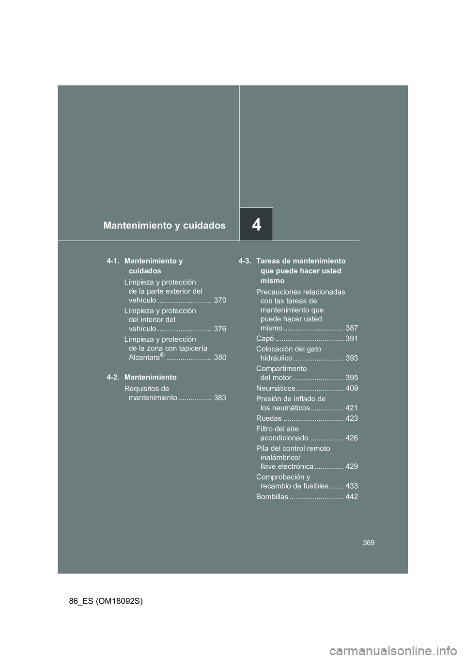 TOYOTA GT86 2018 Manual del propietario (in Spanish) 4Mantenimiento y cuidados
369
86_ES (OM18092S)
4-1. Mantenimiento y
cuidados
Limpieza y protección
de la parte exterior del
vehículo .......................... 370
Limpieza y protección
d TOYOTA GT86 2018 Manual del propietario (in Spanish) 4Mantenimiento y cuidados
369
86_ES (OM18092S)
4-1. Mantenimiento y
cuidados
Limpieza y protección
de la parte exterior del
vehículo .......................... 370
Limpieza y protección
d