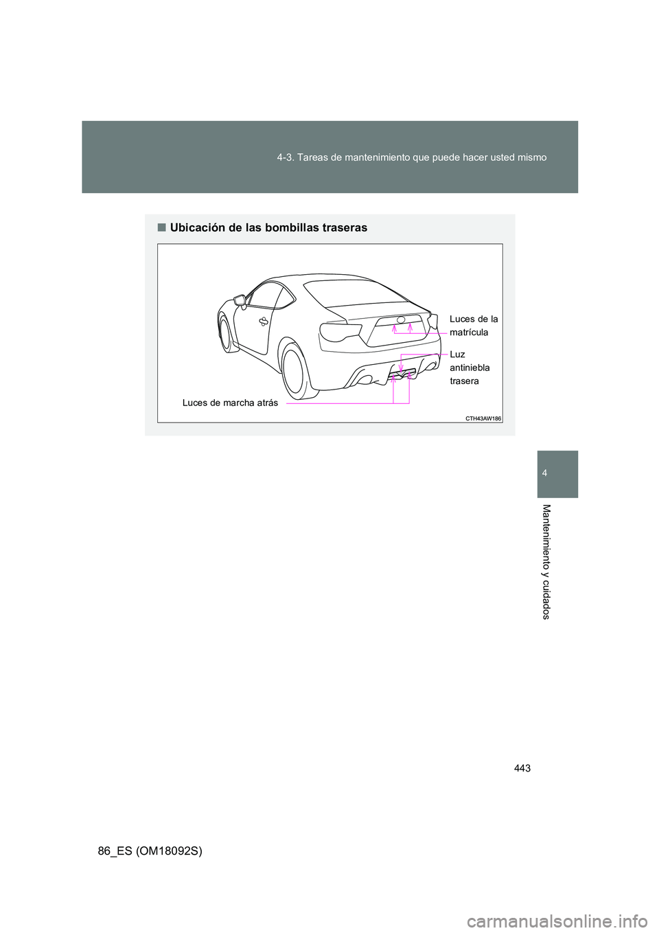TOYOTA GT86 2018  Manual del propietario (in Spanish) 443 
4-3. Tareas de mantenimiento que puede hacer usted mismo
4
Mantenimiento y cuidados
86_ES (OM18092S)
■ Ubicación de las bombillas traseras
Luces de marcha atrás 
Luces de la 
matrícula
Luz
a