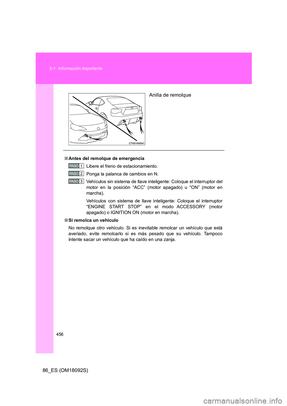 TOYOTA GT86 2018 Manual del propietario (in Spanish) 456
5-1. Información importante
86_ES (OM18092S)
Anilla de remolque
■ Antes del remolque de emergencia
Libere el freno de estacionamiento.
Ponga la palanca de cambios en N.
Vehículos sin sist TOYOTA GT86 2018 Manual del propietario (in Spanish) 456
5-1. Información importante
86_ES (OM18092S)
Anilla de remolque
■ Antes del remolque de emergencia
Libere el freno de estacionamiento.
Ponga la palanca de cambios en N.
Vehículos sin sist