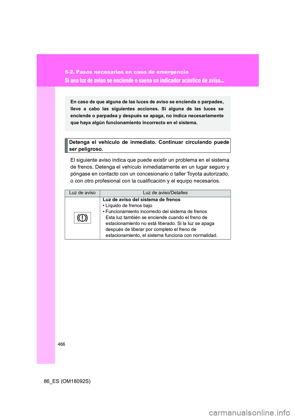 TOYOTA GT86 2018 Manual del propietario (in Spanish) 466
86_ES (OM18092S)
5-2. Pasos necesarios en caso de emergencia
Si una luz de aviso se enciende o suena un indicador acústico de aviso...
Detenga el vehículo de inmediato. Continuar circulando pued TOYOTA GT86 2018 Manual del propietario (in Spanish) 466
86_ES (OM18092S)
5-2. Pasos necesarios en caso de emergencia
Si una luz de aviso se enciende o suena un indicador acústico de aviso...
Detenga el vehículo de inmediato. Continuar circulando pued