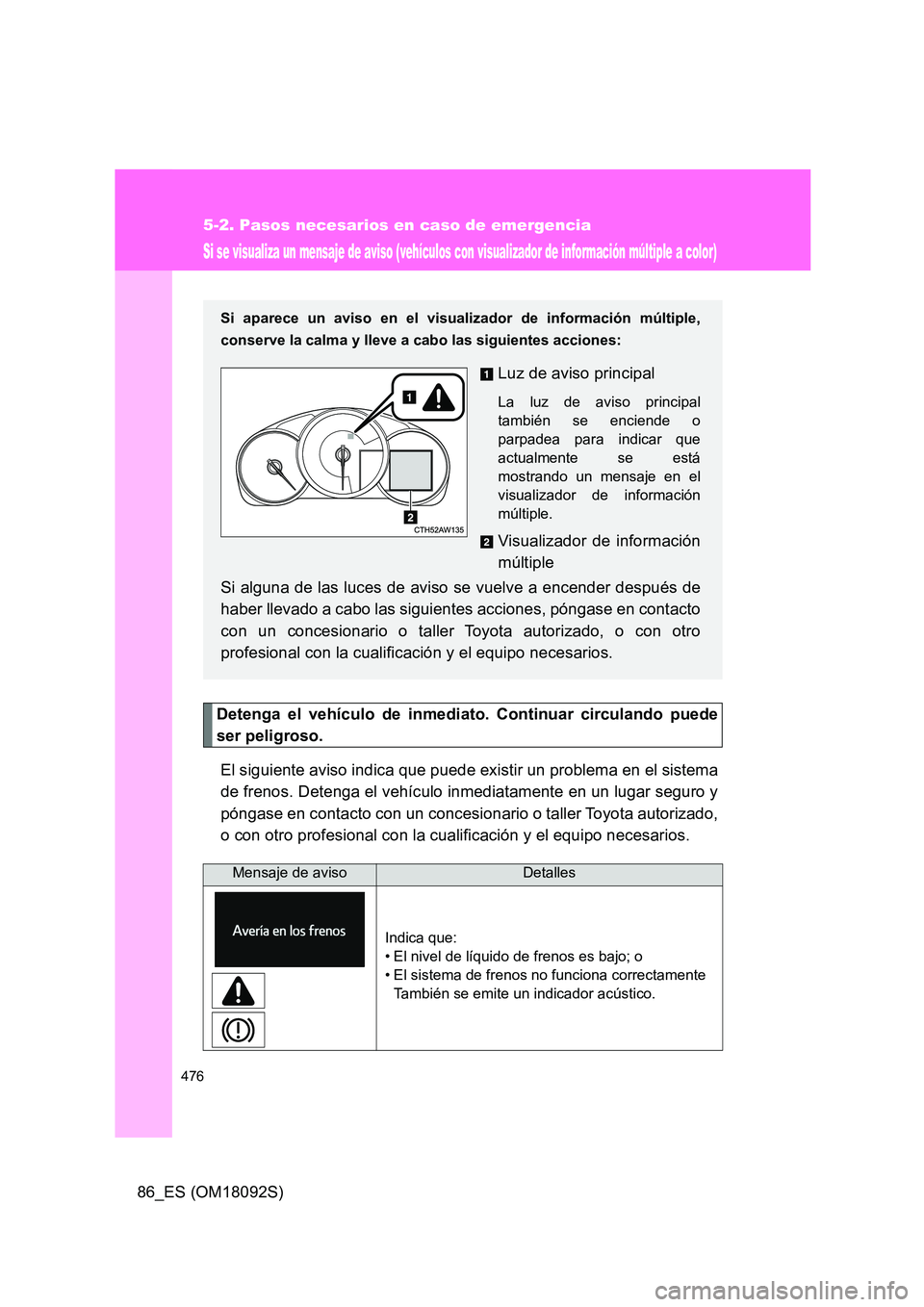 TOYOTA GT86 2018 Manual del propietario (in Spanish) 476
5-2. Pasos necesarios en caso de emergencia
86_ES (OM18092S)
Si se visualiza un mensaje de aviso (vehículos con visualizador de información múltiple a color)
Detenga el vehículo de inmediato. TOYOTA GT86 2018 Manual del propietario (in Spanish) 476
5-2. Pasos necesarios en caso de emergencia
86_ES (OM18092S)
Si se visualiza un mensaje de aviso (vehículos con visualizador de información múltiple a color)
Detenga el vehículo de inmediato.