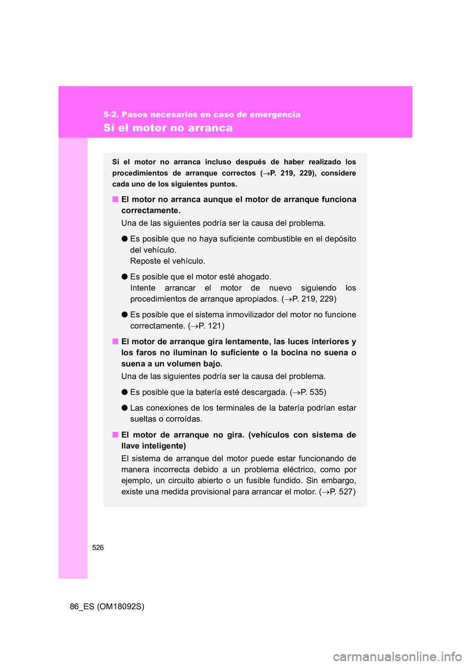 TOYOTA GT86 2018  Manual del propietario (in Spanish) 526
5-2. Pasos necesarios en caso de emergencia
86_ES (OM18092S)
Si el motor no arranca
Si el motor no arranca incluso después de haber realizado los 
procedimientos de arranque correctos ( P. 219
