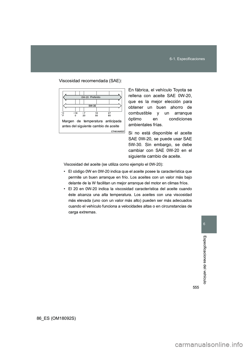 TOYOTA GT86 2018 Manual del propietario (in Spanish) 555
6-1. Especificaciones
6
Especificaciones del vehículo
86_ES (OM18092S)
Viscosidad recomendada (SAE):
En fábrica, el vehículo Toyota se
rellena con aceite SAE 0W-20,
que es la mejor elecci TOYOTA GT86 2018 Manual del propietario (in Spanish) 555
6-1. Especificaciones
6
Especificaciones del vehículo
86_ES (OM18092S)
Viscosidad recomendada (SAE):
En fábrica, el vehículo Toyota se
rellena con aceite SAE 0W-20,
que es la mejor elecci