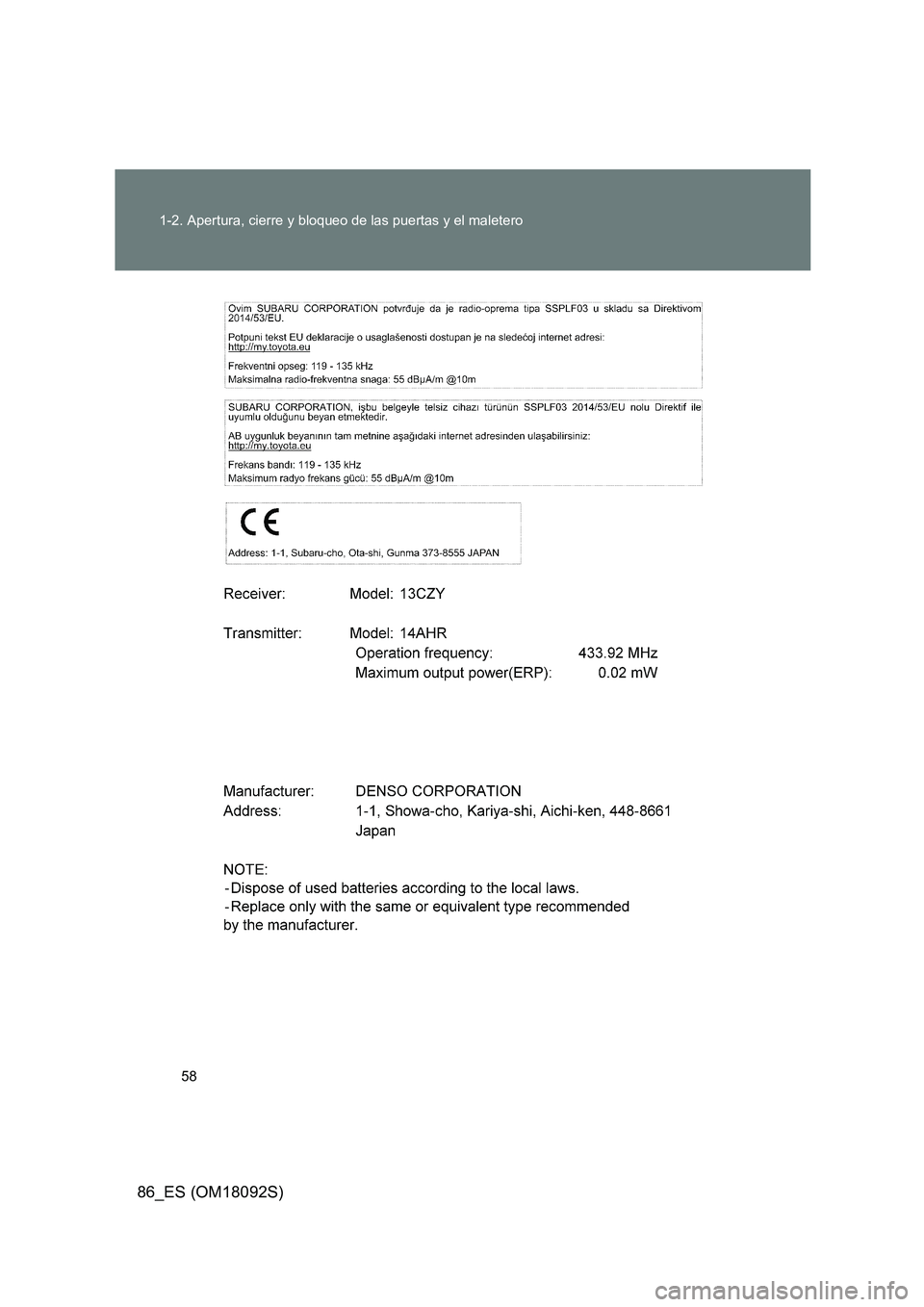 TOYOTA GT86 2018 Manual del propietario (in Spanish) 58
1-2. Apertura, cierre y bloqueo de las puertas y el maletero
86_ES (OM18092S) TOYOTA GT86 2018 Manual del propietario (in Spanish) 58
1-2. Apertura, cierre y bloqueo de las puertas y el maletero
86_ES (OM18092S)