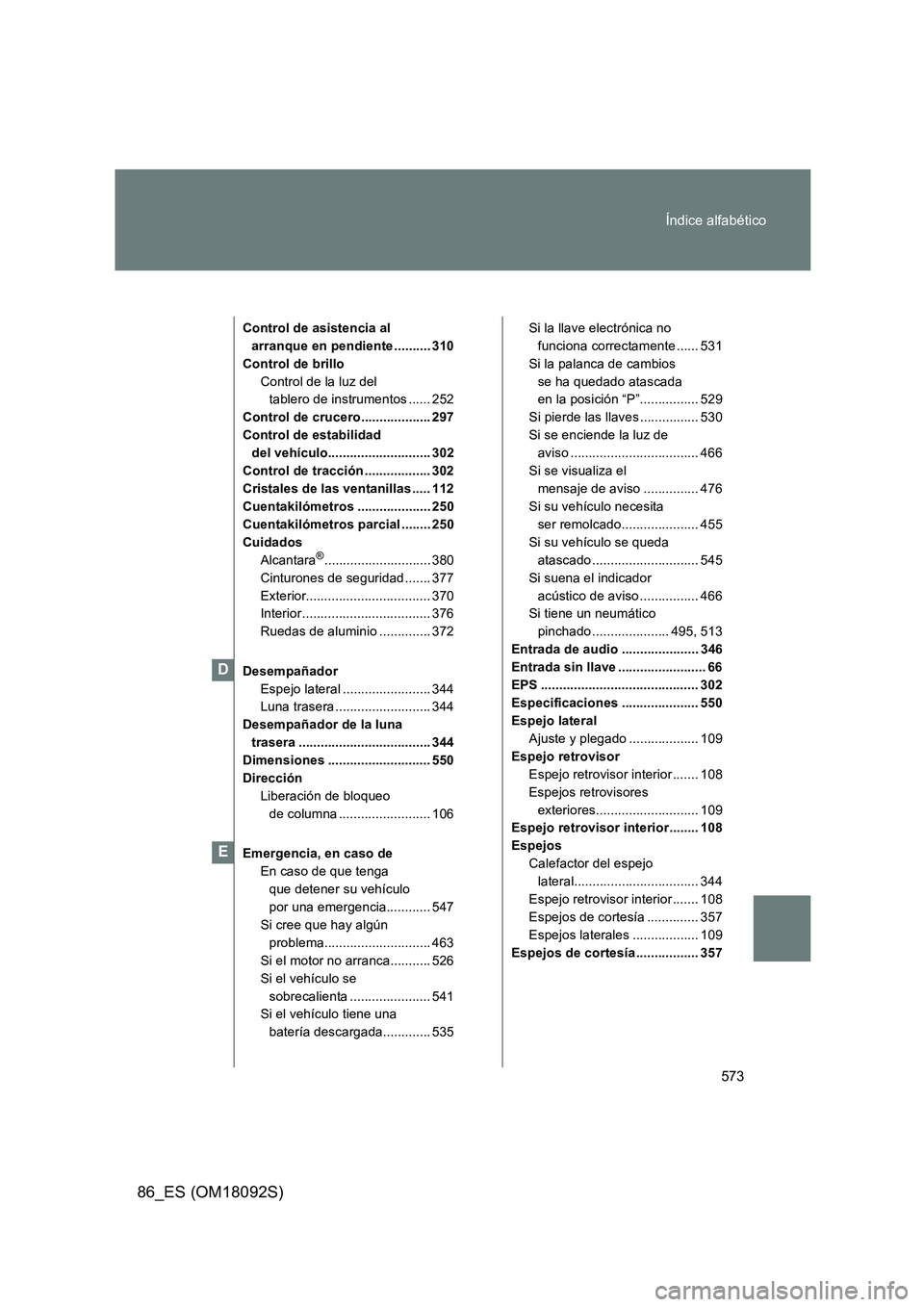 TOYOTA GT86 2018  Manual del propietario (in Spanish) 573 
Índice alfabético
86_ES (OM18092S)
Control de asistencia al  
arranque en pendiente .......... 310
Control de brillo
Control de la luz del  
tablero de instrumentos ...... 252 
Control de cruce