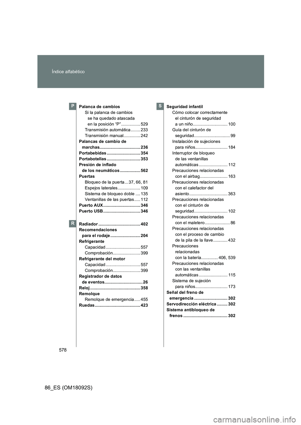 TOYOTA GT86 2018  Manual del propietario (in Spanish) 578 
Índice alfabético
86_ES (OM18092S)
Palanca de cambios 
Si la palanca de cambios 
se ha quedado atascada 
en la posición “P” ................ 529 
Transmisión automática ........ 233 
Tra