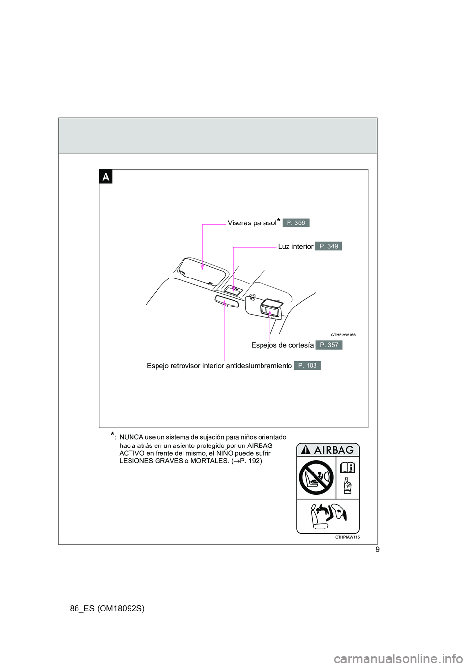 TOYOTA GT86 2018 Manual del propietario (in Spanish) 86_ES (OM18092S)
9
AA
Espejo retrovisor interior antideslumbramiento P. 108
Luz interior P. 349
Espejos de cortesía P. 357
Viseras parasol* P. 356
*: NUNCA use un sistema de sujeción para niños ori TOYOTA GT86 2018 Manual del propietario (in Spanish) 86_ES (OM18092S)
9
AA
Espejo retrovisor interior antideslumbramiento P. 108
Luz interior P. 349
Espejos de cortesía P. 357
Viseras parasol* P. 356
*: NUNCA use un sistema de sujeción para niños ori