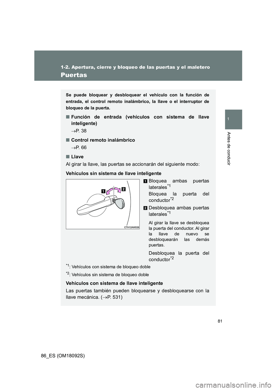 TOYOTA GT86 2018 Manual del propietario (in Spanish) 81
1
1-2. Apertura, cierre y bloqueo de las puertas y el maletero
Antes de conducir
86_ES (OM18092S)
Puertas
Se puede bloquear y desbloquear el vehículo con la función de
entrada, el control remoto TOYOTA GT86 2018 Manual del propietario (in Spanish) 81
1
1-2. Apertura, cierre y bloqueo de las puertas y el maletero
Antes de conducir
86_ES (OM18092S)
Puertas
Se puede bloquear y desbloquear el vehículo con la función de
entrada, el control remoto