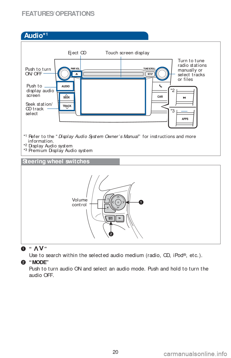 TOYOTA RAV4 2013 XA40 / 4.G Quick Reference Guide 20
Audio*1
“ ”
Use to search within the selected audio medium (radio, CD, iPod®, etc.).
“MODE”
Push to turn audio ON and select an audio mode. Push and hold to turn the
audio OFF.
> TOYOTA RAV4 2013 XA40 / 4.G Quick Reference Guide 20
Audio*1
“ ”
Use to search within the selected audio medium (radio, CD, iPod®, etc.).
“MODE”
Push to turn audio ON and select an audio mode. Push and hold to turn the
audio OFF.
>