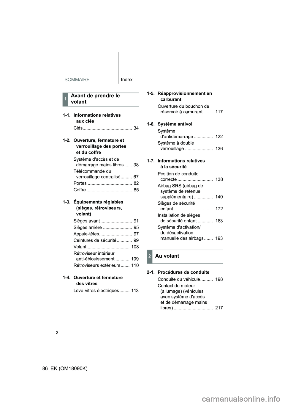 TOYOTA GT86 2018  Manuel du propriétaire (in French) SOMMAIREIndex
86_EK (OM18090K)
2
1-1. Informations relatives  
aux clés 
Clés.......................................  34 
1-2. Ouverture, fermeture et  
verrouillage des portes  
et du coffre 
Syst�