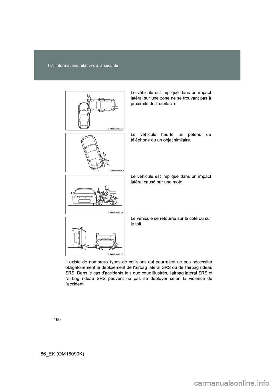 TOYOTA GT86 2018 Manuel du propriétaire (in French) 160
1-7. Informations relatives à la sécurité
86_EK (OM18090K)
Il existe de nombreux types de collisions qui pourraient ne pas nécessiter
obligatoirement le déploiement de lairbag latéral SRS TOYOTA GT86 2018 Manuel du propriétaire (in French) 160
1-7. Informations relatives à la sécurité
86_EK (OM18090K)
Il existe de nombreux types de collisions qui pourraient ne pas nécessiter
obligatoirement le déploiement de lairbag latéral SRS