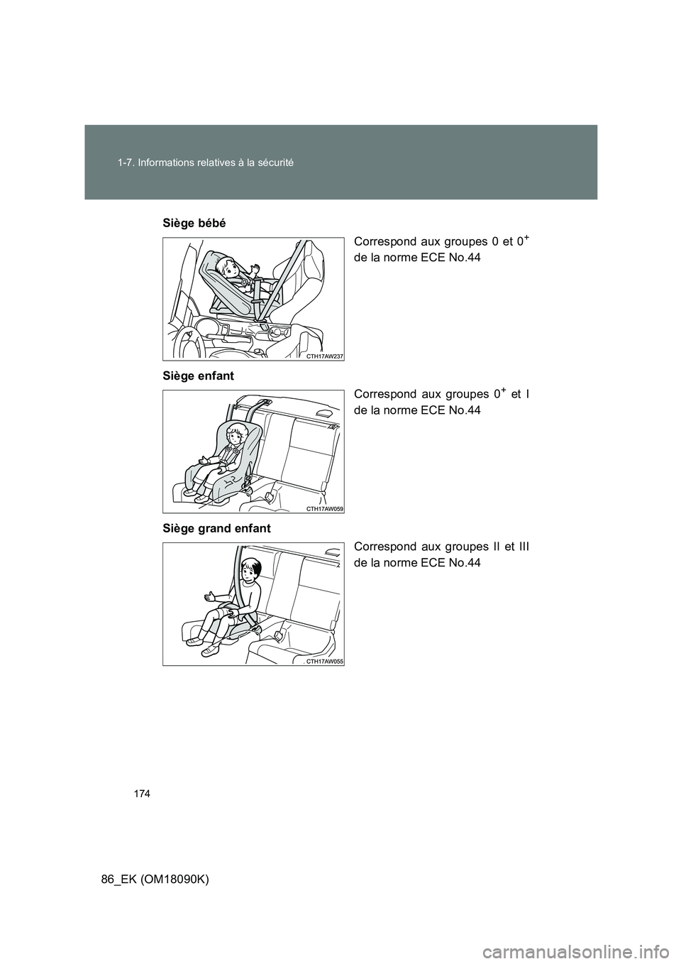 TOYOTA GT86 2018 Manuel du propriétaire (in French) 174
1-7. Informations relatives à la sécurité
86_EK (OM18090K)
Siège bébé
Correspond aux groupes 0 et 0+
de la norme ECE No.44
Siège enfant
Correspond aux groupes 0+ et I
de la norme ECE TOYOTA GT86 2018 Manuel du propriétaire (in French) 174
1-7. Informations relatives à la sécurité
86_EK (OM18090K)
Siège bébé
Correspond aux groupes 0 et 0+
de la norme ECE No.44
Siège enfant
Correspond aux groupes 0+ et I
de la norme ECE